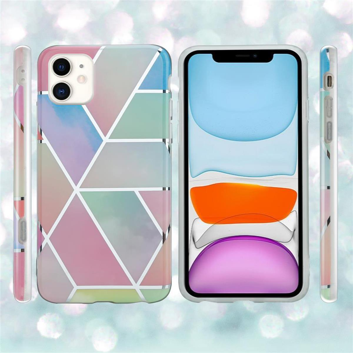 Telefono con custodia dal design geometrico colorato. Angoli aggiuntivi visualizzati, con sfondo sfocato.