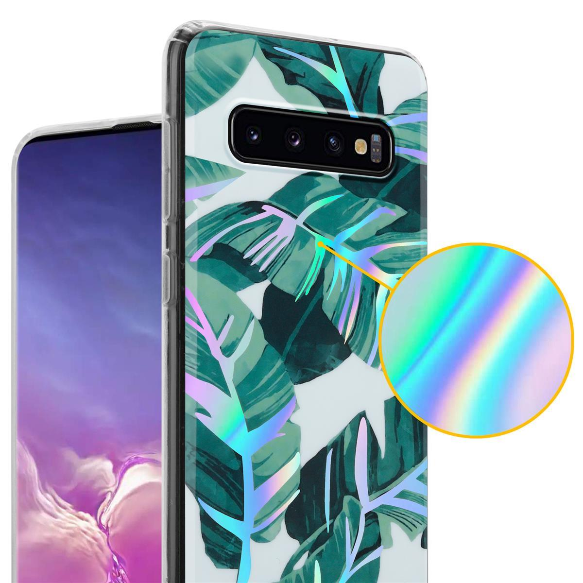 Una custodia per telefono con foglie verdi e un design olografico. Il telefono ha un'interfaccia blu.