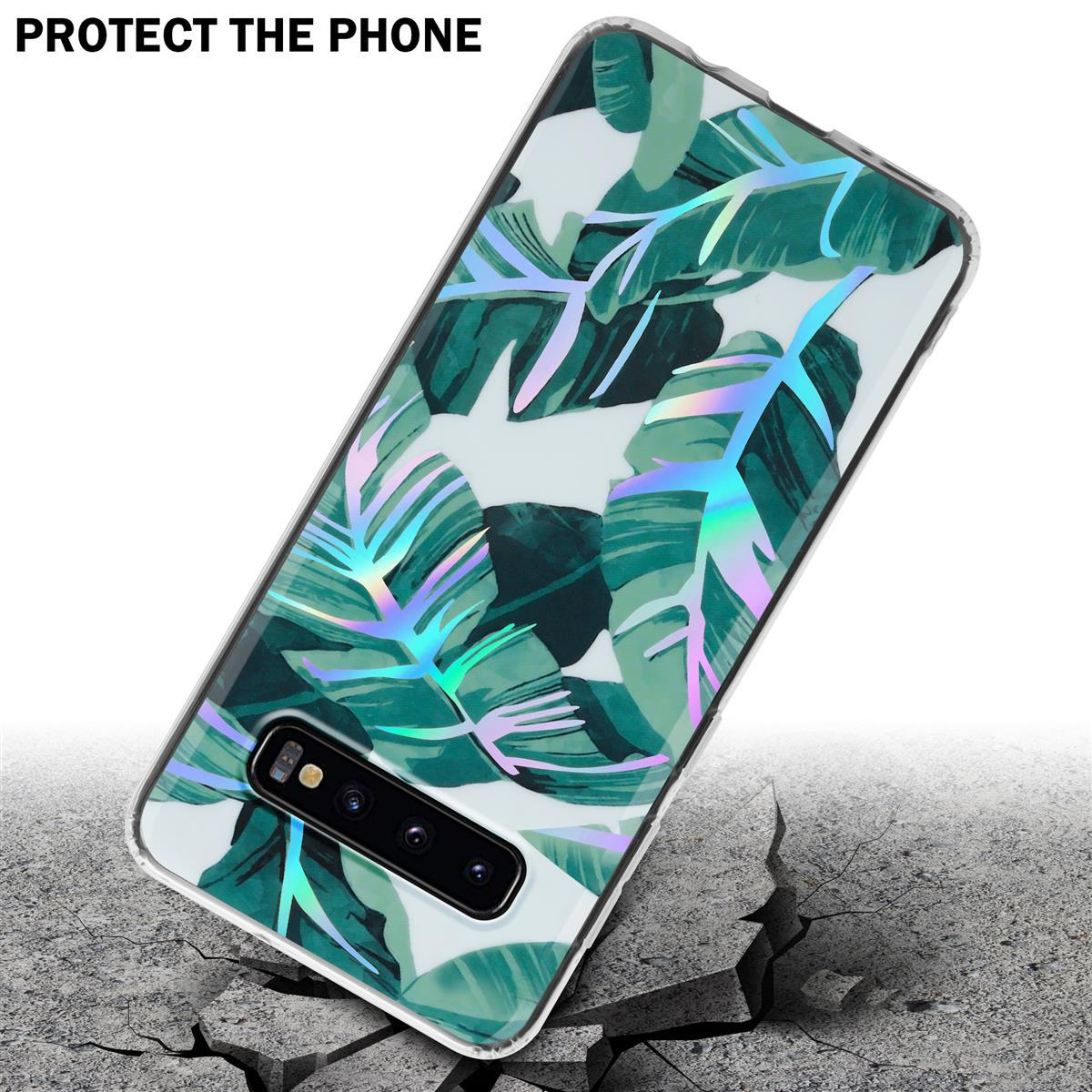 Una custodia per telefono con un motivo a foglie verdi su una superficie ruvida, con effetto crepato.