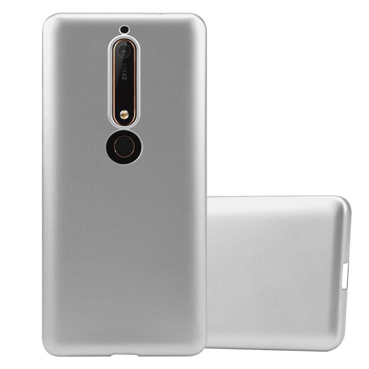 Custodia per telefono argentata. La custodia copre il telefono. È argentata e ha fotocamera e lettore impronte.