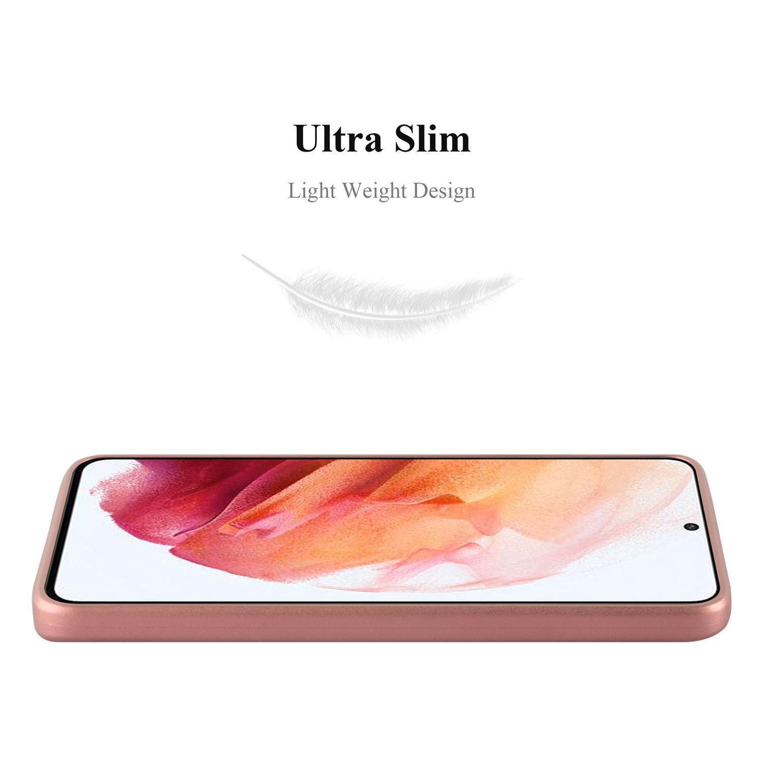 Una custodia per telefono oro rosa con un telefono all'interno e testo. Il testo dice 'Ultra Slim' e 'Light Weight Design'.