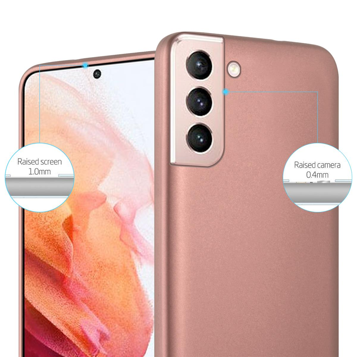 Custodia per telefono oro rosa. Schermo e fotocamera rialzati per protezione. Dettagli ingranditi della fotocamera e dello schermo.