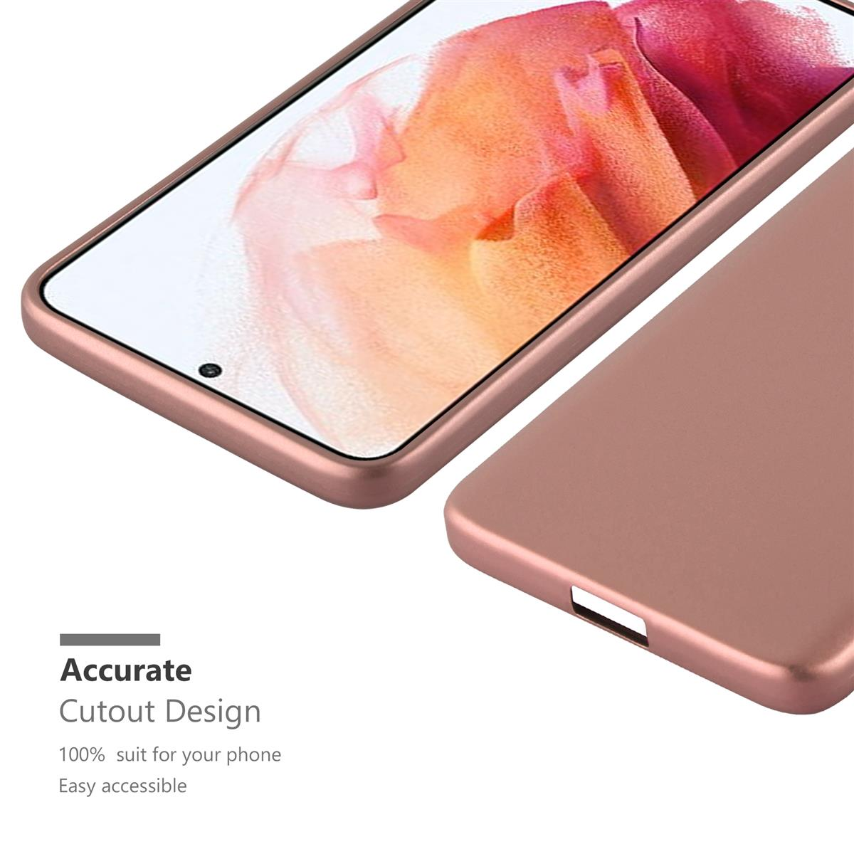 Una custodia per telefono oro rosa con un telefono parzialmente all'interno. Il testo sottostante dice 'Accurate Cutout Design'.