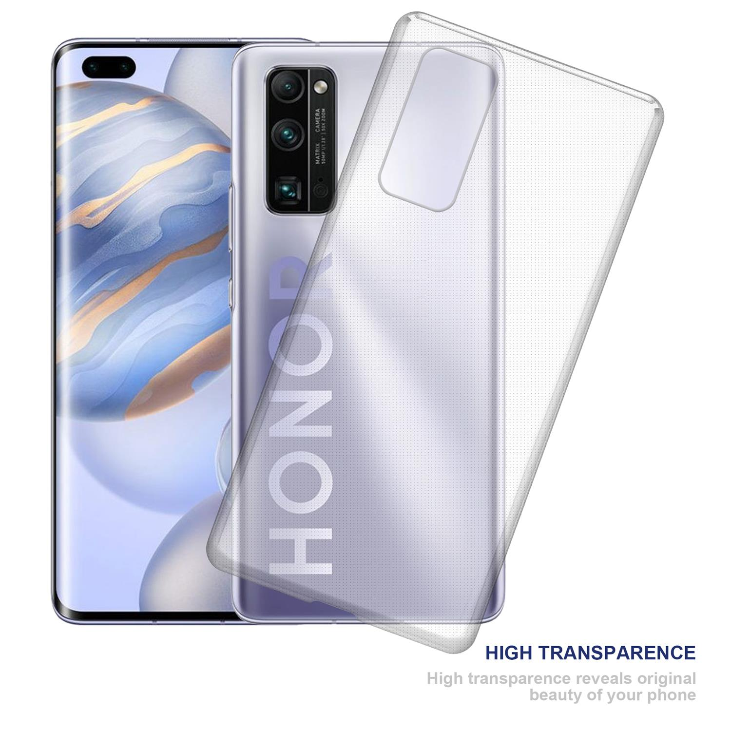 Telefon mit transparentem Handycase. Das Telefon hat eine silberne Rückseite und eine transparente Hülle. Text: 'Hohe Transparenz'.