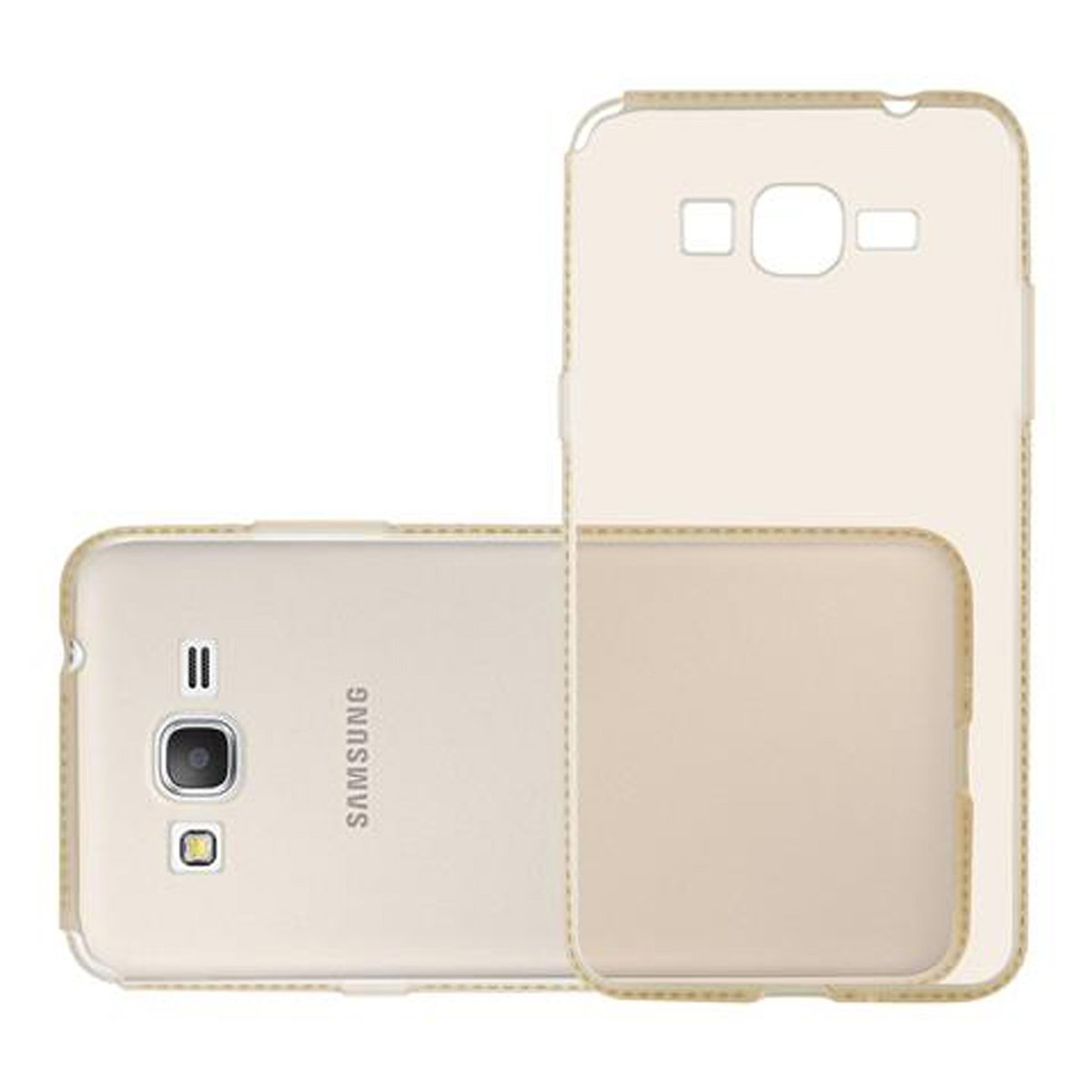 Dos fundas de teléfono apiladas. Ambas son beige y tienen recortes para las funciones del teléfono.