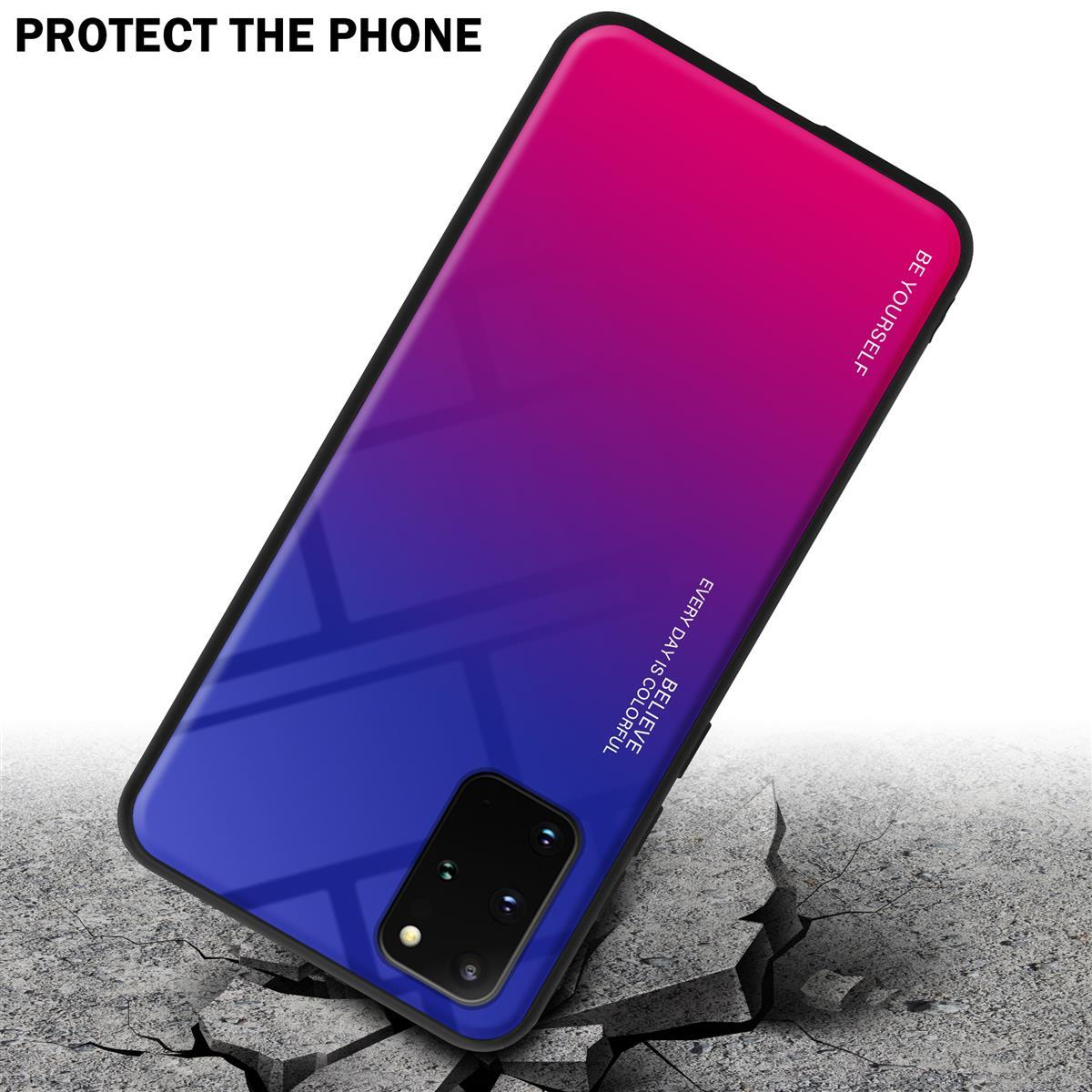 Custodia per telefono con sfumatura rossa, viola e blu su terreno crepato. Testo 'BE YOURSELF'.