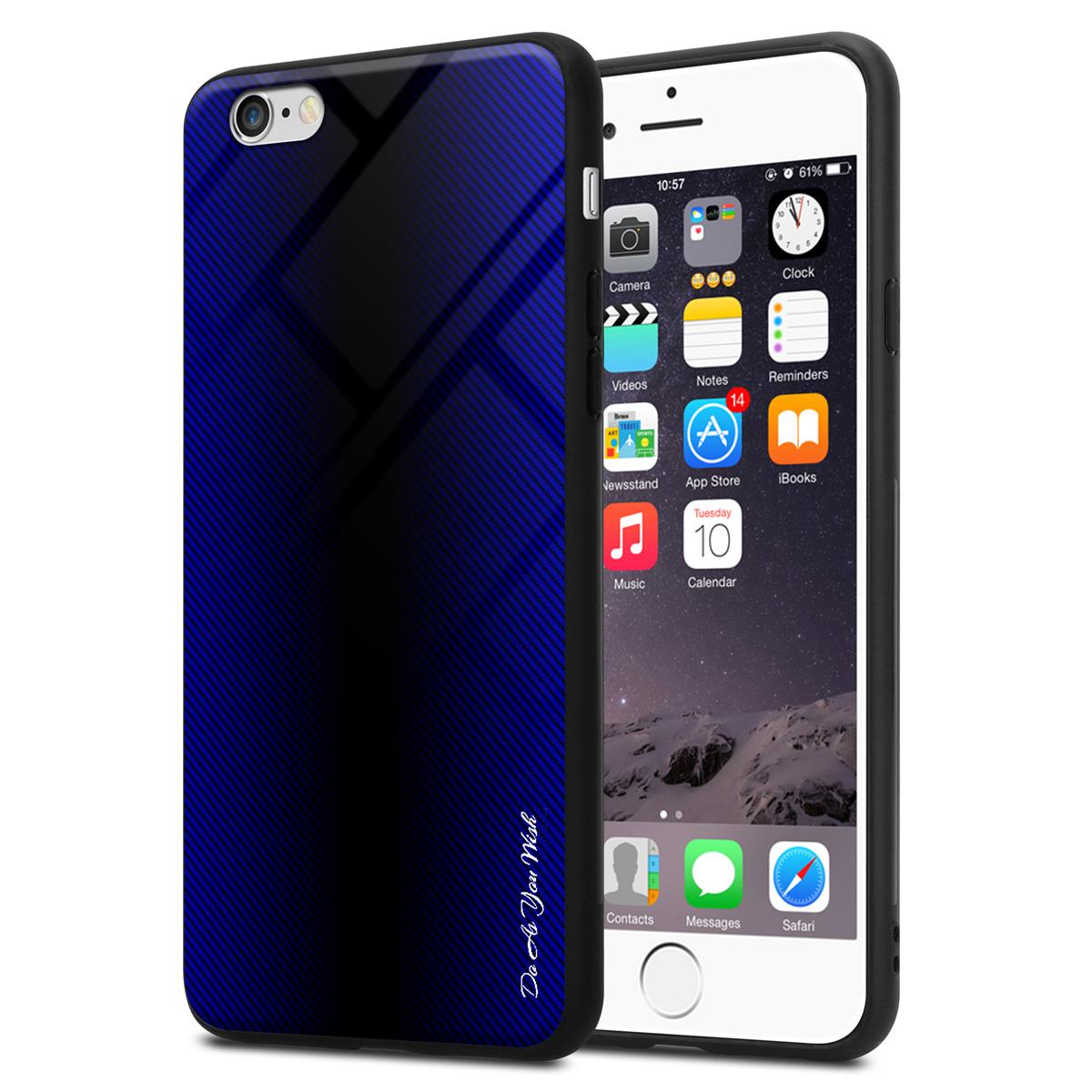 Telefono bianco con custodia sfumata blu/nera. Lo schermo mostra icone app.