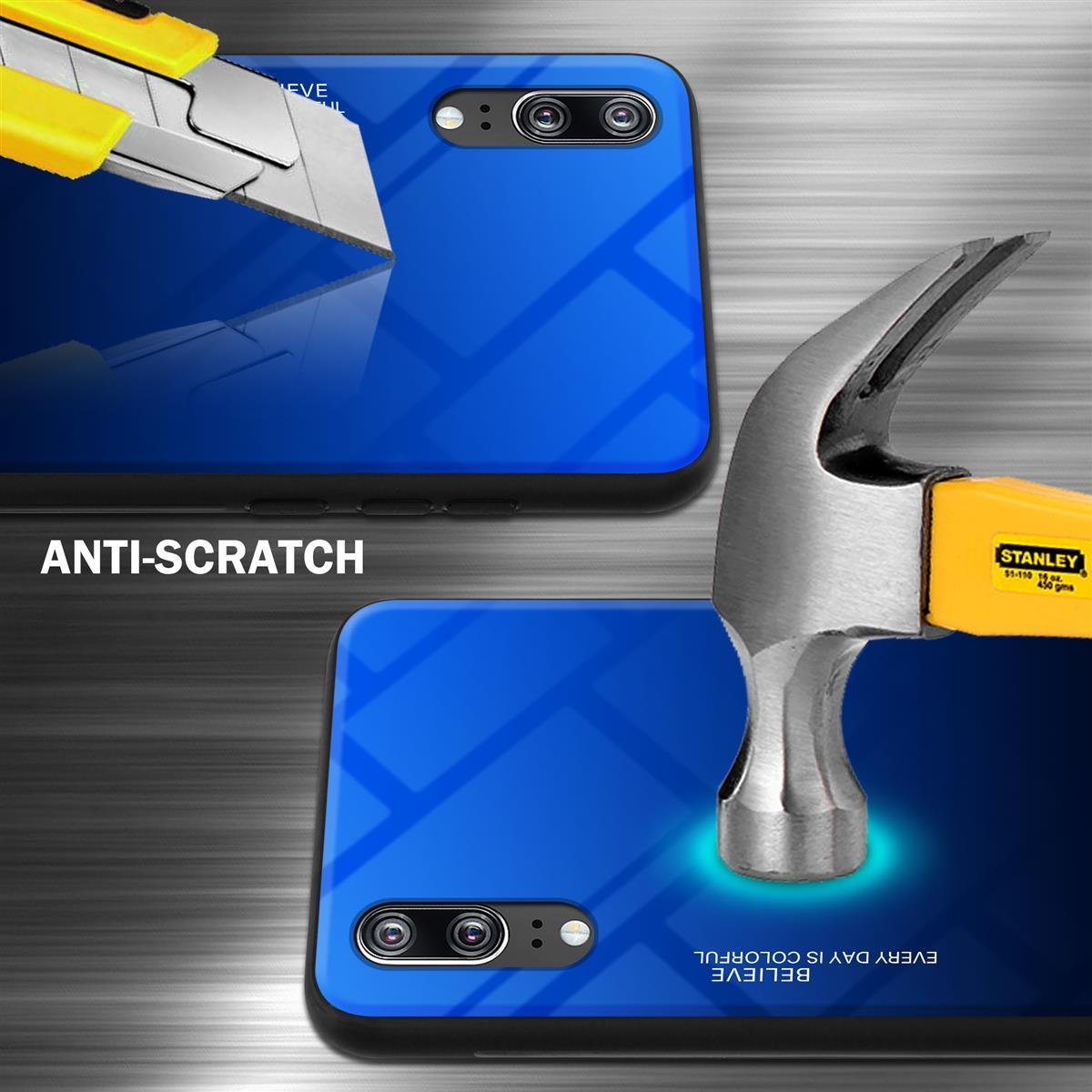 Zwei Telefone mit blauen Glasscheiben, eines wird von einer Klinge geschnitten, und ein Hammer.