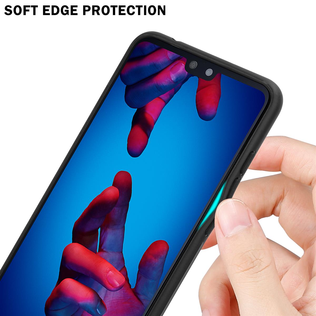 Una mano che tocca il bordo dello schermo di un telefono, che si trova all'interno di una custodia nera, evidenziando la protezione dei bordi morbidi.
