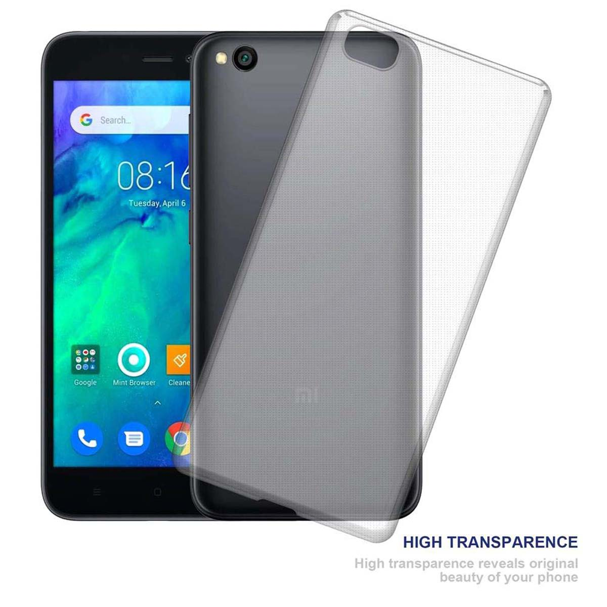 Un telefono nero e una custodia trasparente. Testo: HIGH TRANSPARENCE. Lo sfondo è sfocato.
