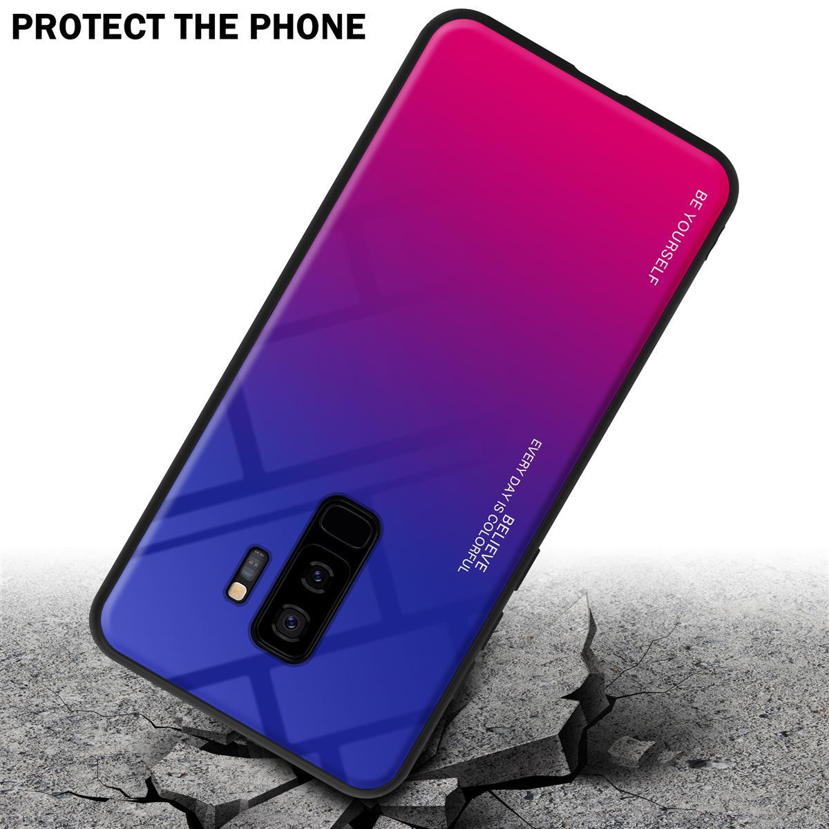 Custodia per telefono con sfumatura blu-rossa angolata su superficie di cemento crepata.