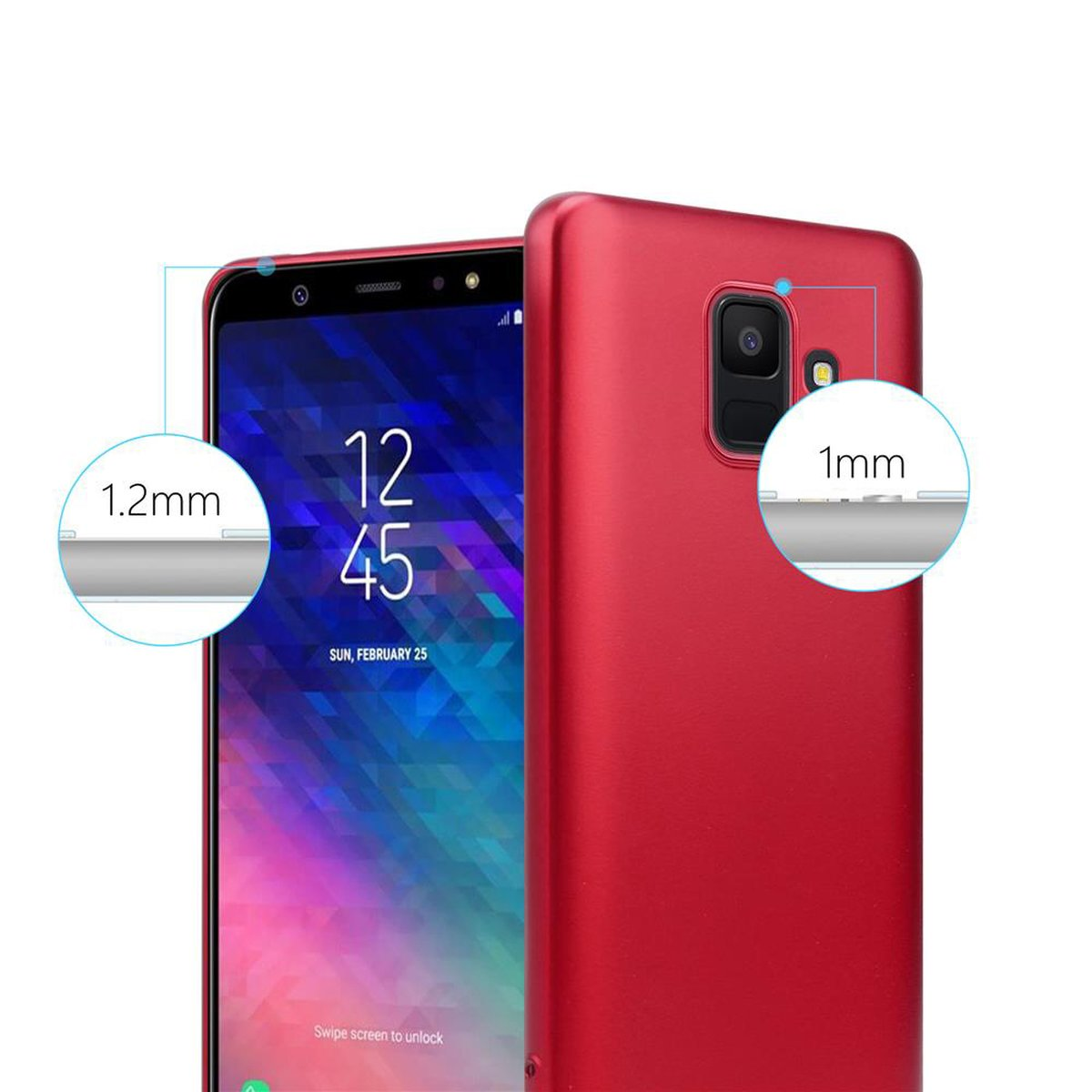 Rote Handyhülle mit Telefon im Inneren. Die Hülle hat eine präzise Passform und ist rot.