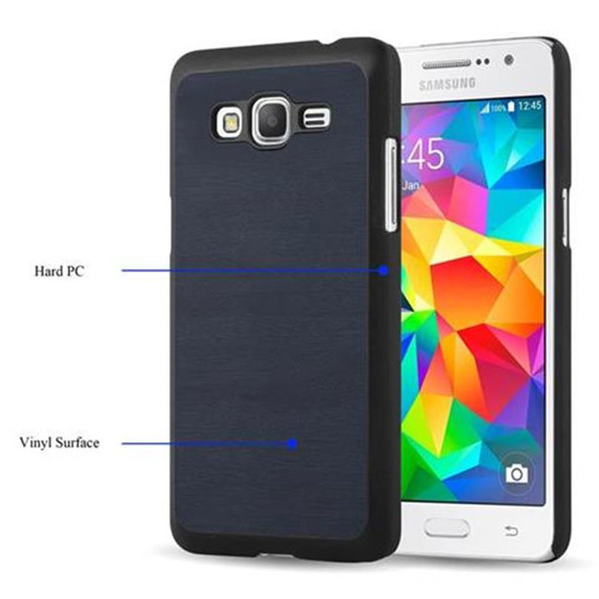 Un telefono cellulare con una custodia blu. Hard PC e Vinyl Surface sono scritti sul lato.