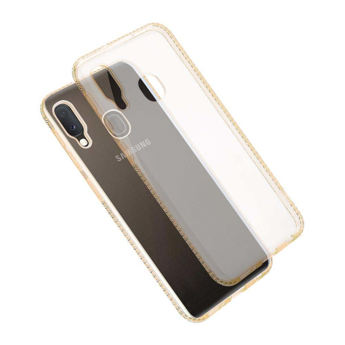Custodia per telefono con bordi dorati, trasparente con telefono all'interno. Primo piano su sfondo bianco.