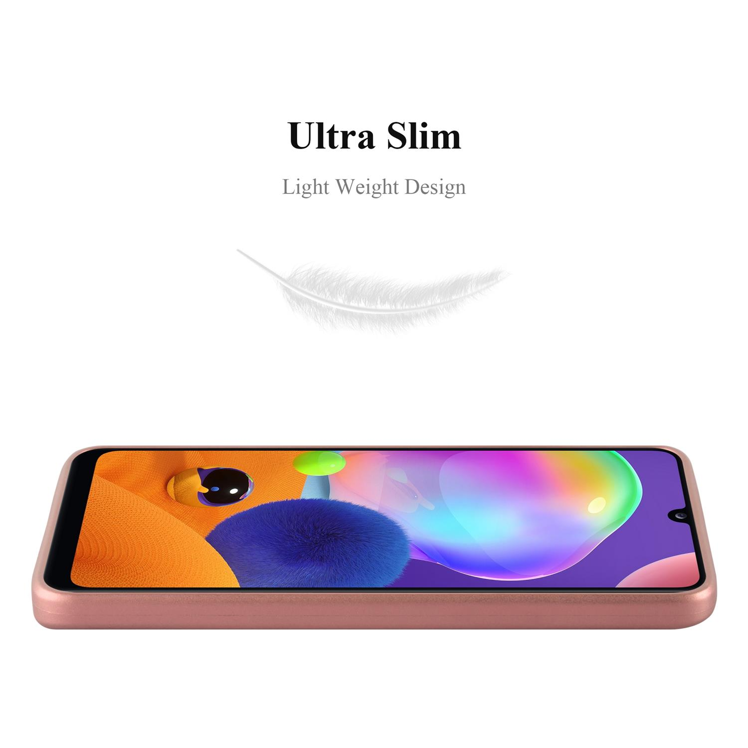 Una custodia per telefono color oro rosa, con una grafica a forma di piuma, su sfondo bianco.