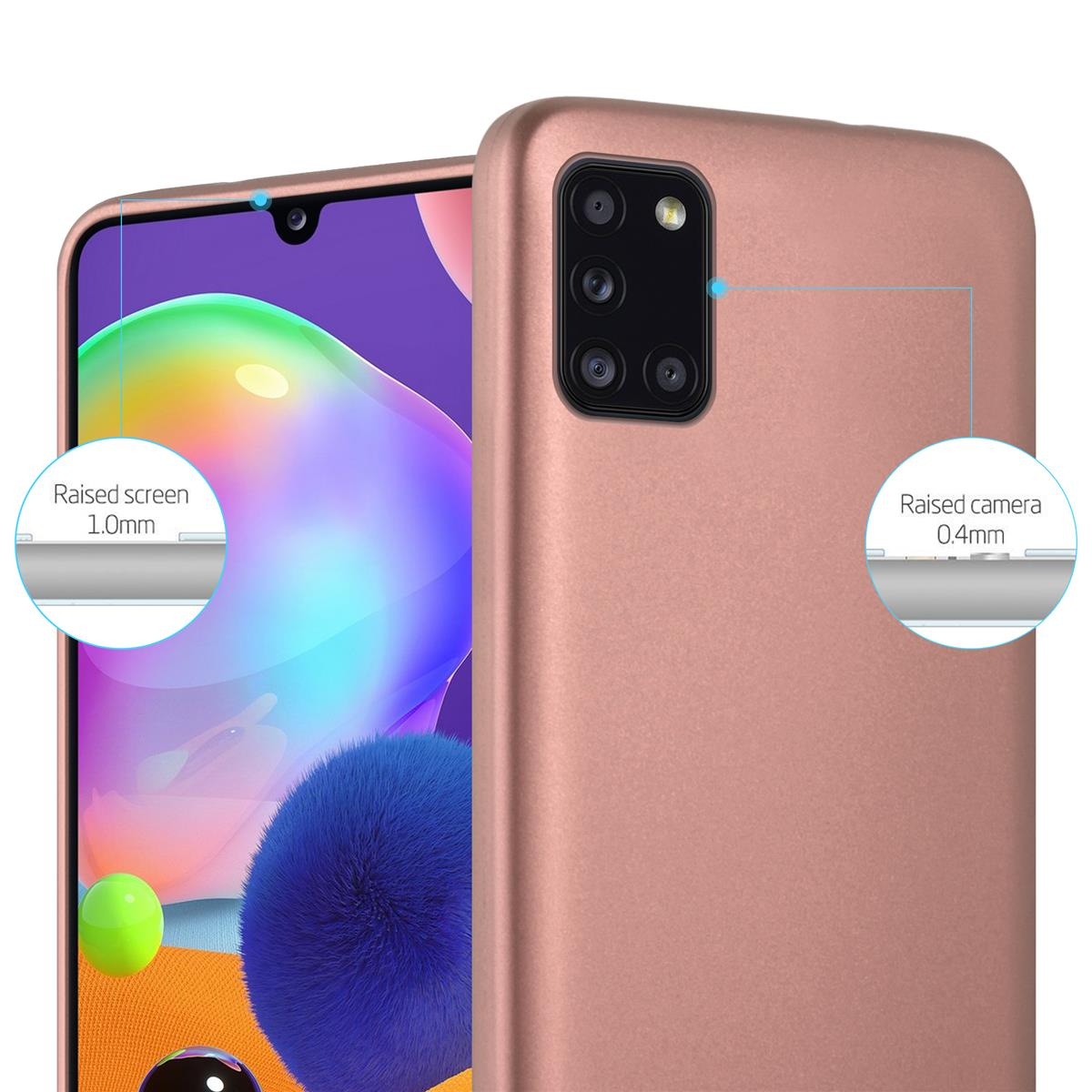 Custodia per telefono oro rosa su un telefono. I dettagli mostrano le aree rialzate dello schermo e della fotocamera.