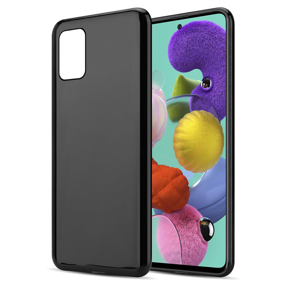 Eine schwarze Handyhülle. Die Hülle bedeckt das Telefon. Das Telefon vor weißem Hintergrund.