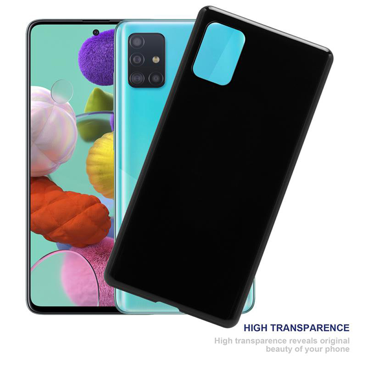 Eine schwarze Handyhülle liegt über einem weißen Telefon, das eine blaue Handyhülle zeigt.