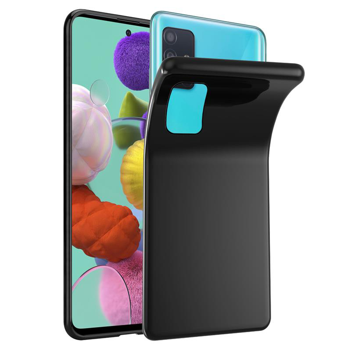 Schwarze Handyhülle auf einem Handy. Das Handy ist blau und hat eine Kamera. Die Hülle biegt sich.