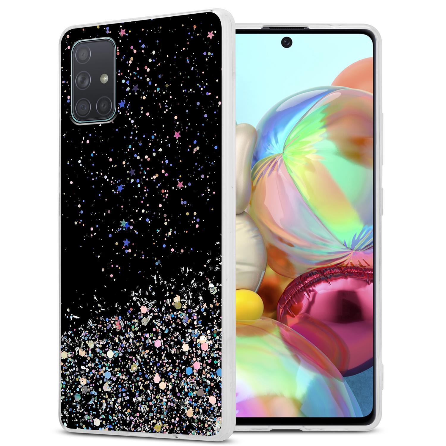 Ein Telefon mit klarer Hülle. Die Rückseite hat ein Glitzerdesign. Weißer Hintergrund.