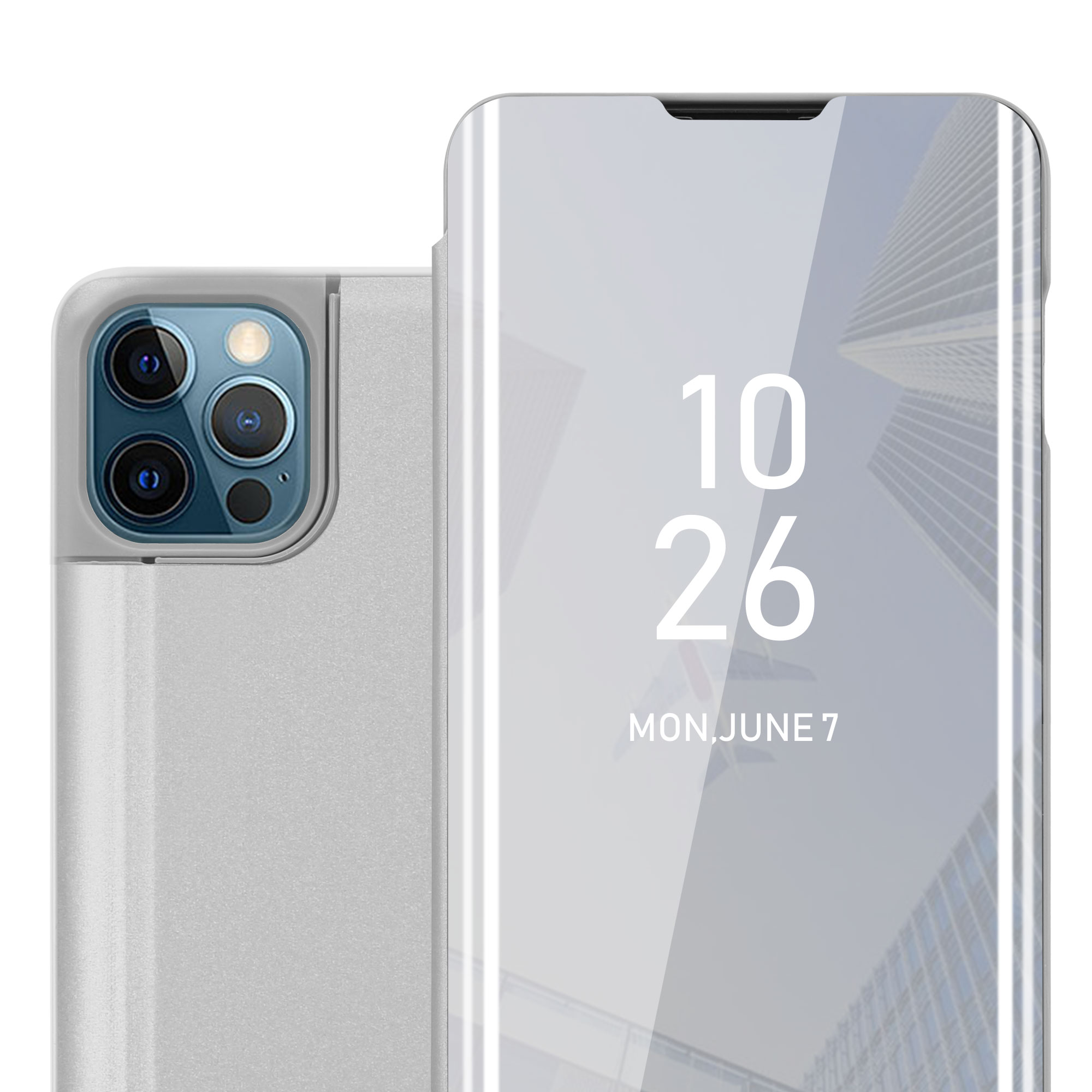 Telefono argentato con custodia a specchio che mostra la data 26/10, lunedì 7 giugno. Telefono a sinistra ha fotocamere.