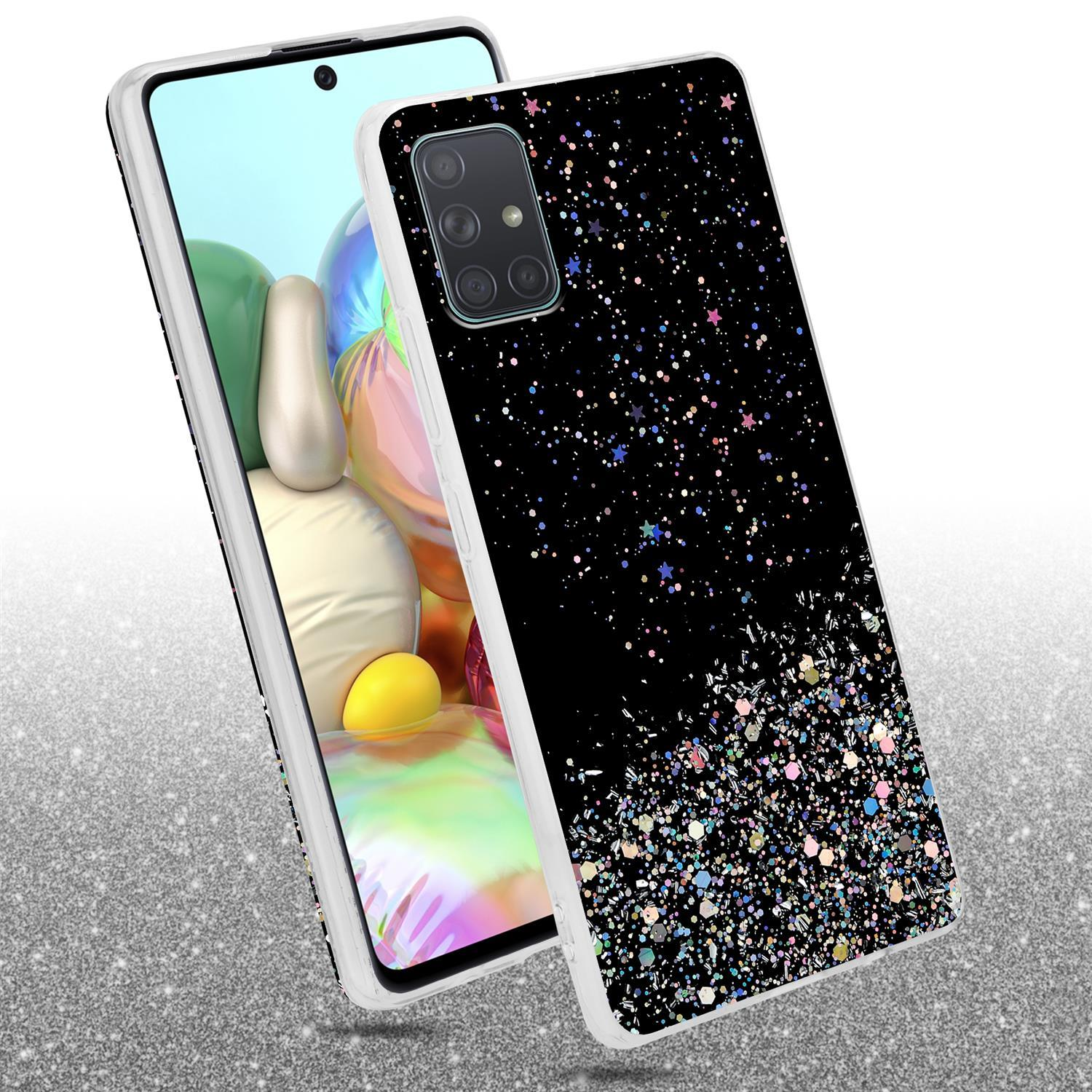 Ein Telefon mit Glitzerhülle. Die Hülle hat eine schwarze Basis mit farbenfrohem Glitzer am Boden.
