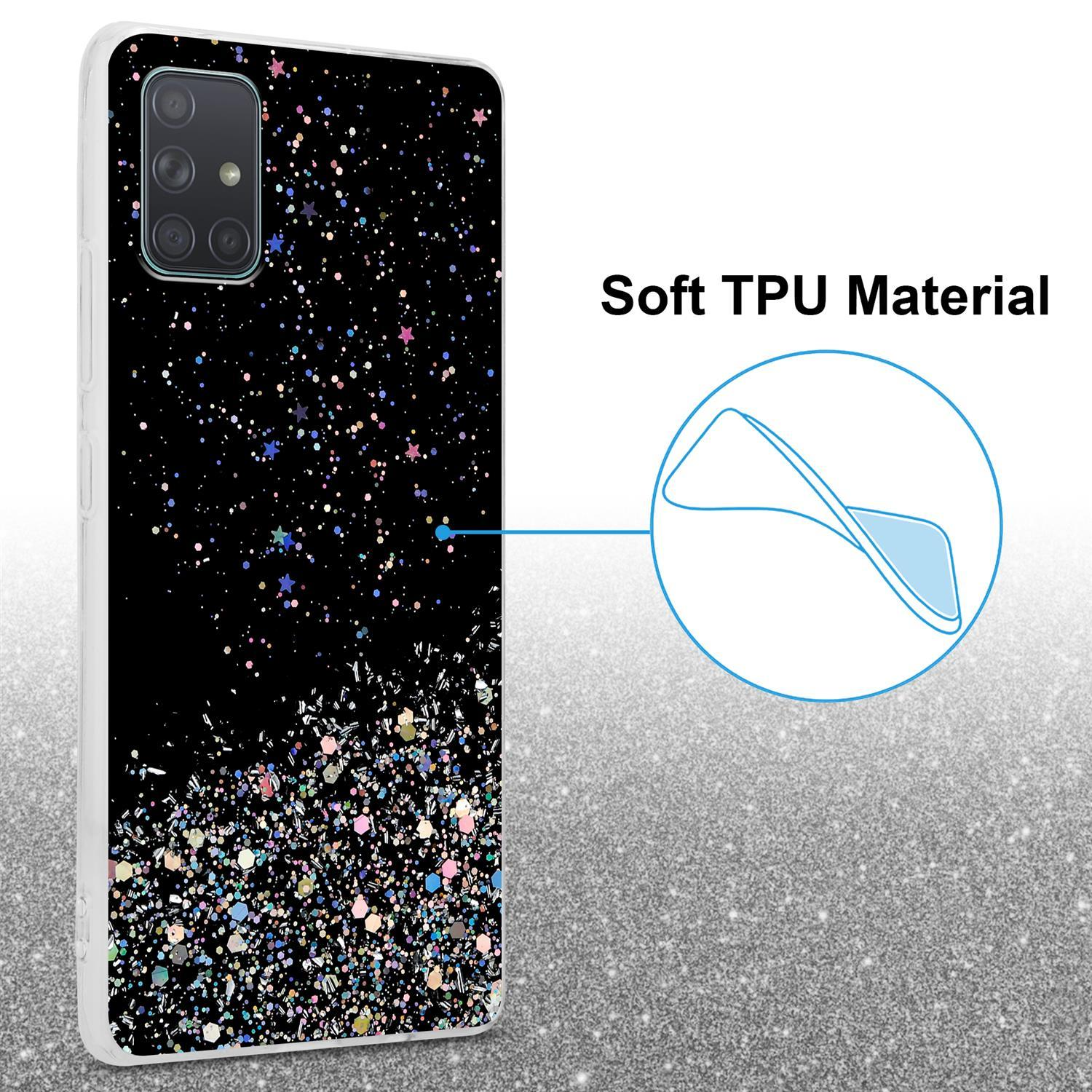 Schwarze Handyhülle mit Glitzer bedeckt. Die Hülle hat ein funkelndes Design.