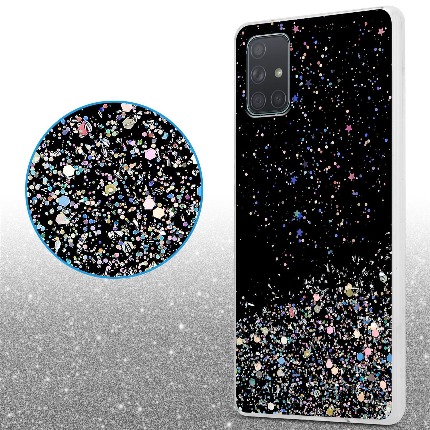 Handyhülle mit schwarzem Glitzer oben und buntem Glitzer unten. Schwarzer Hintergrund.
