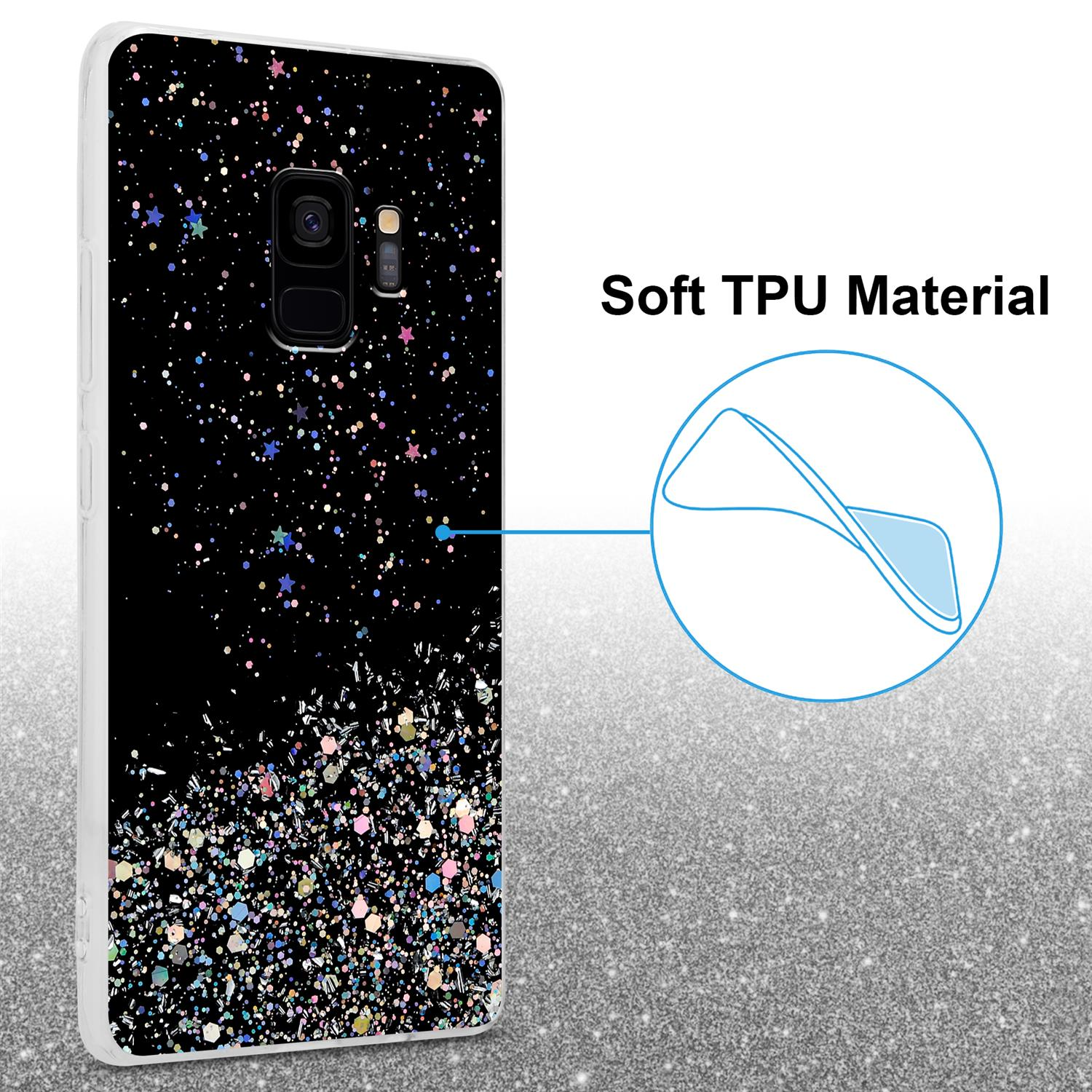 Schwarze Handyhülle mit Glitzerdesign. Das Gehäuse ist als Soft TPU Material mit einem Diagramm beschriftet.