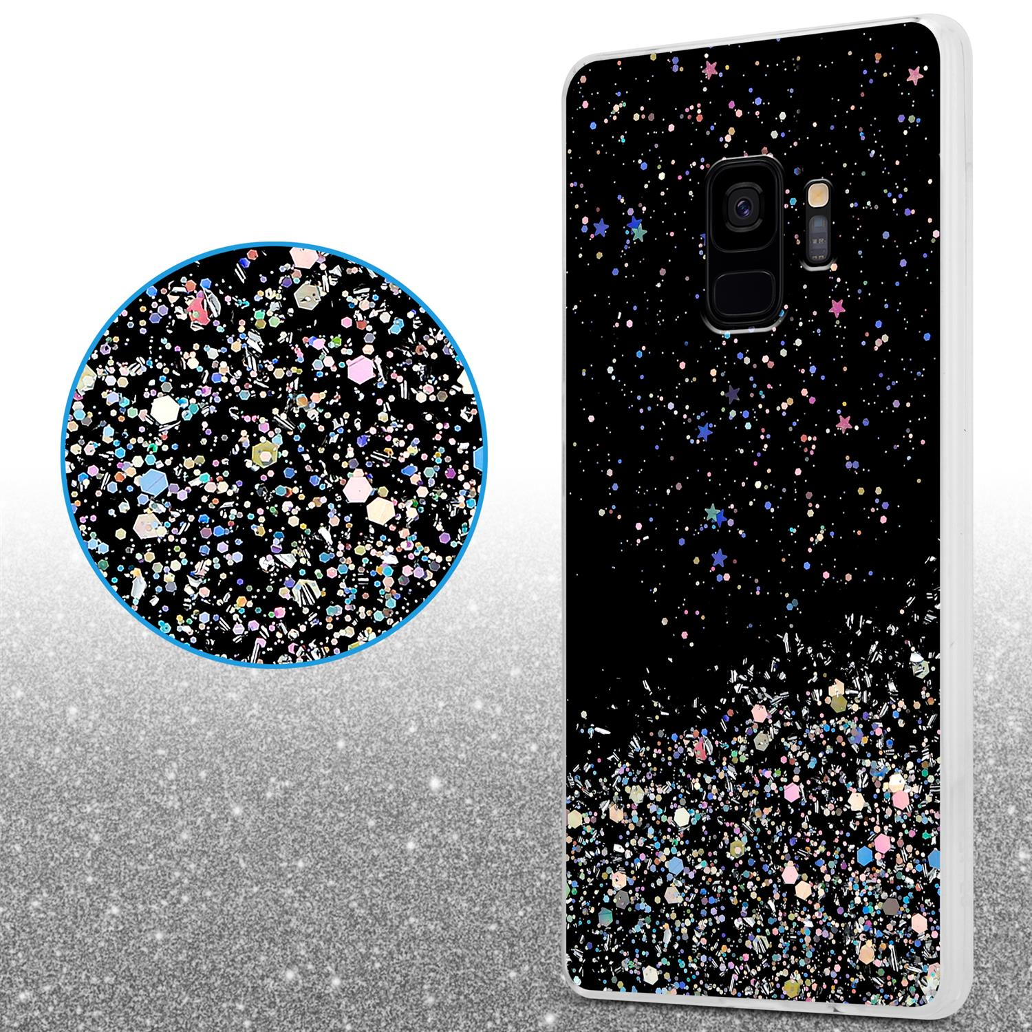 Schwarze Handyhülle mit glitzerndem Design. Nahaufnahme zeigt bunten Glitzer. Die Hülle hat ein schwarz-glitzerndes Finish.