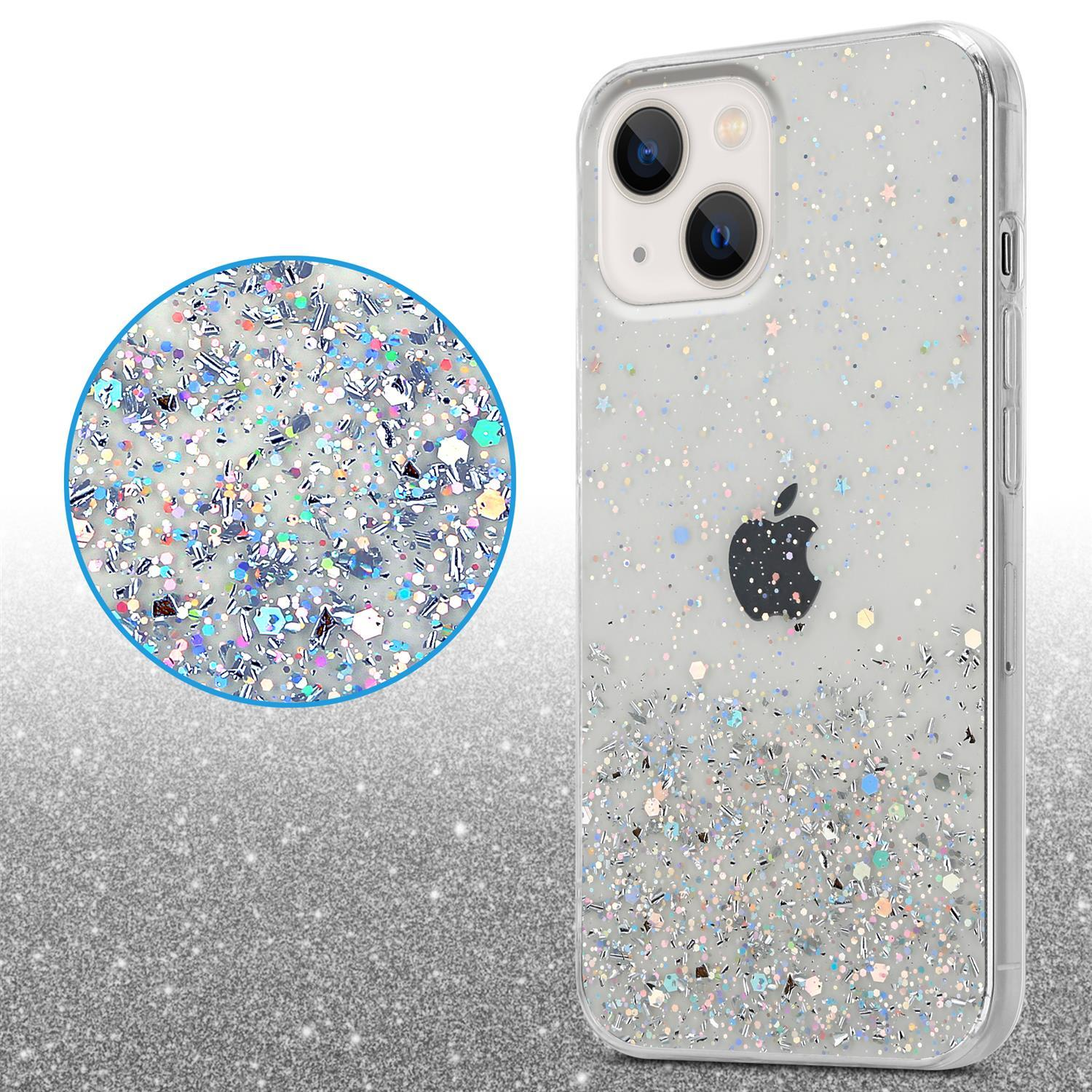 Eine Handyhülle mit Glitzerdesign. Die Handyhülle befindet sich auf der rechten Seite und hat ein kreisförmiges Design.