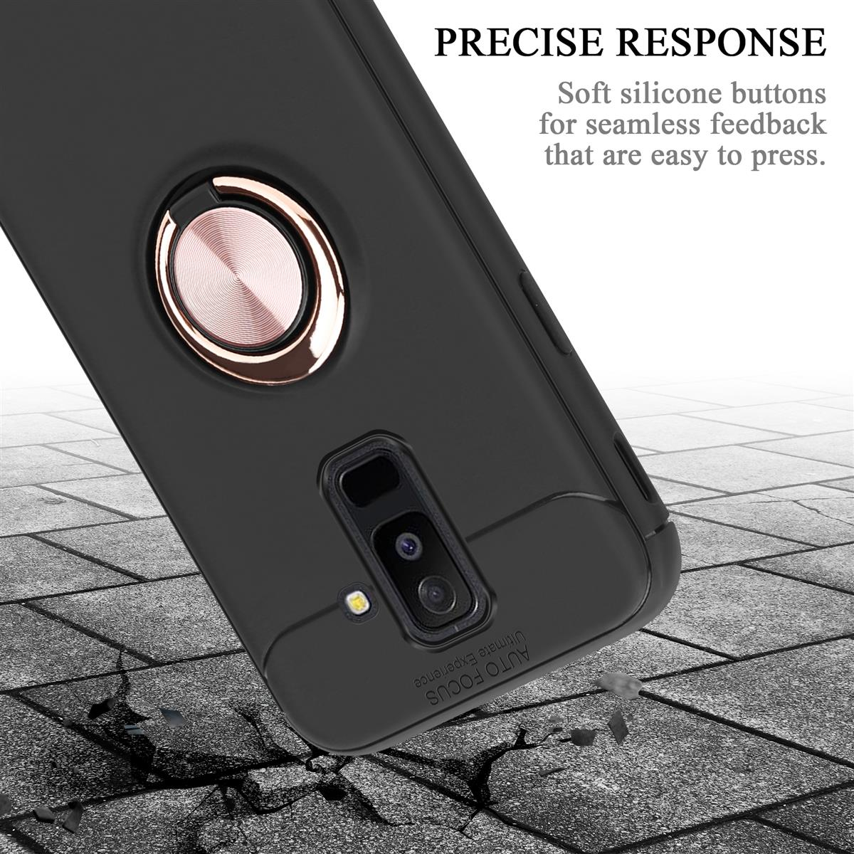 Una custodia per telefono nera su una superficie strutturata. Ha un supporto ad anello e una fotocamera.