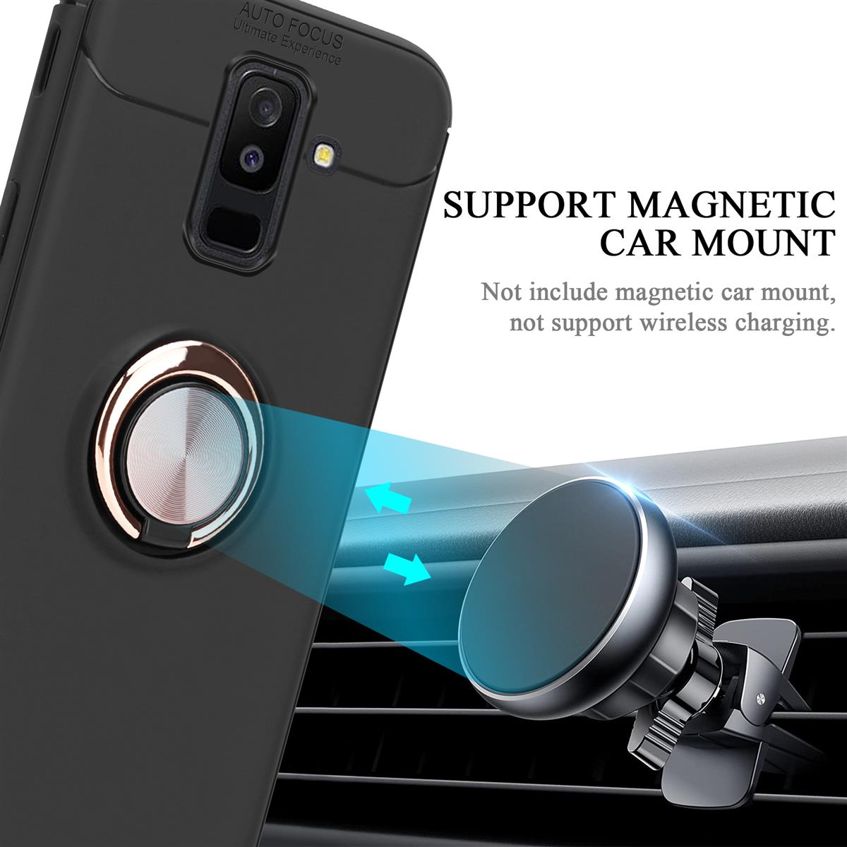 Custodia per telefono con supporto ad anello, posizionata sulla bocchetta dell'auto. Testo: Supporto auto magnetico.