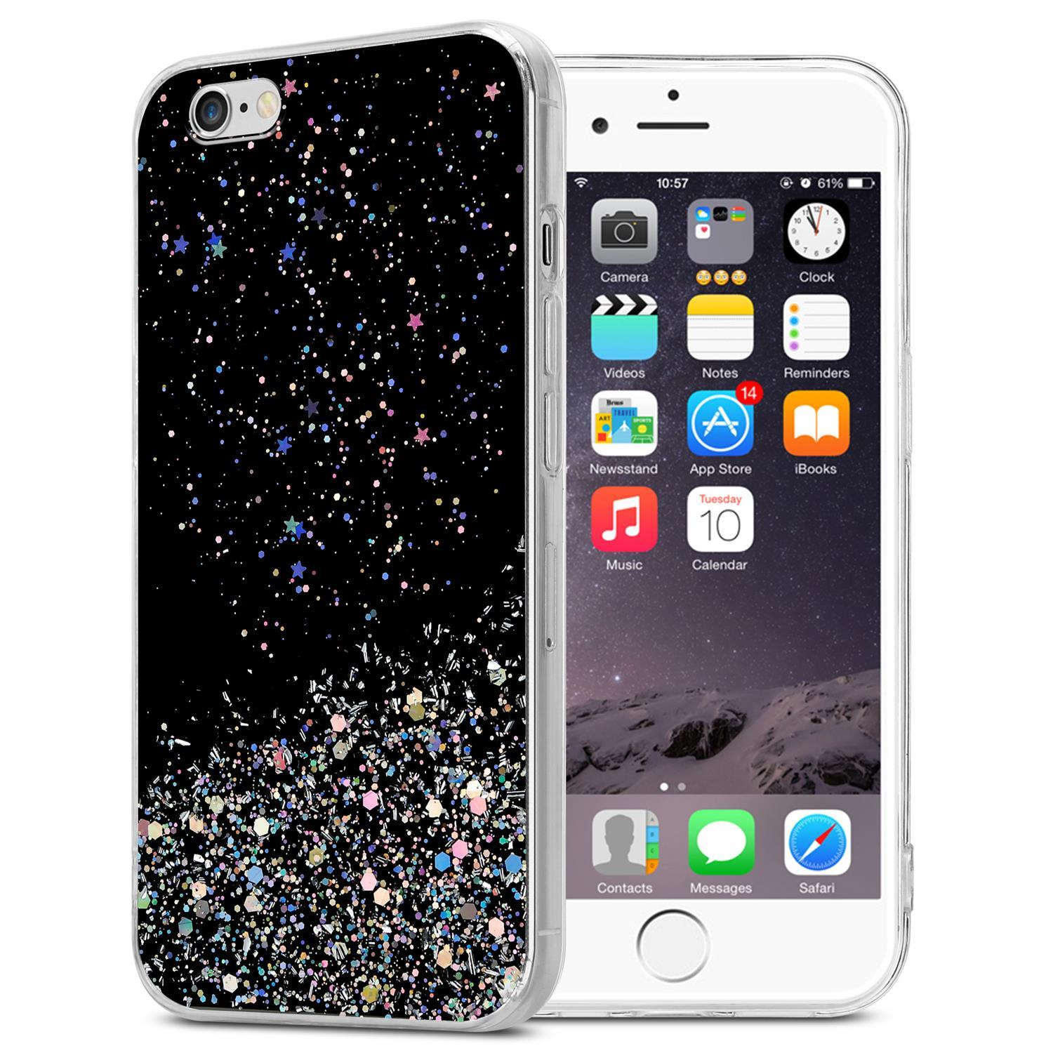 iPhone in schwarzer Hülle mit Glitzer. Das Telefon ist weiß, Apps sind sichtbar. Glitzer ist bunt.