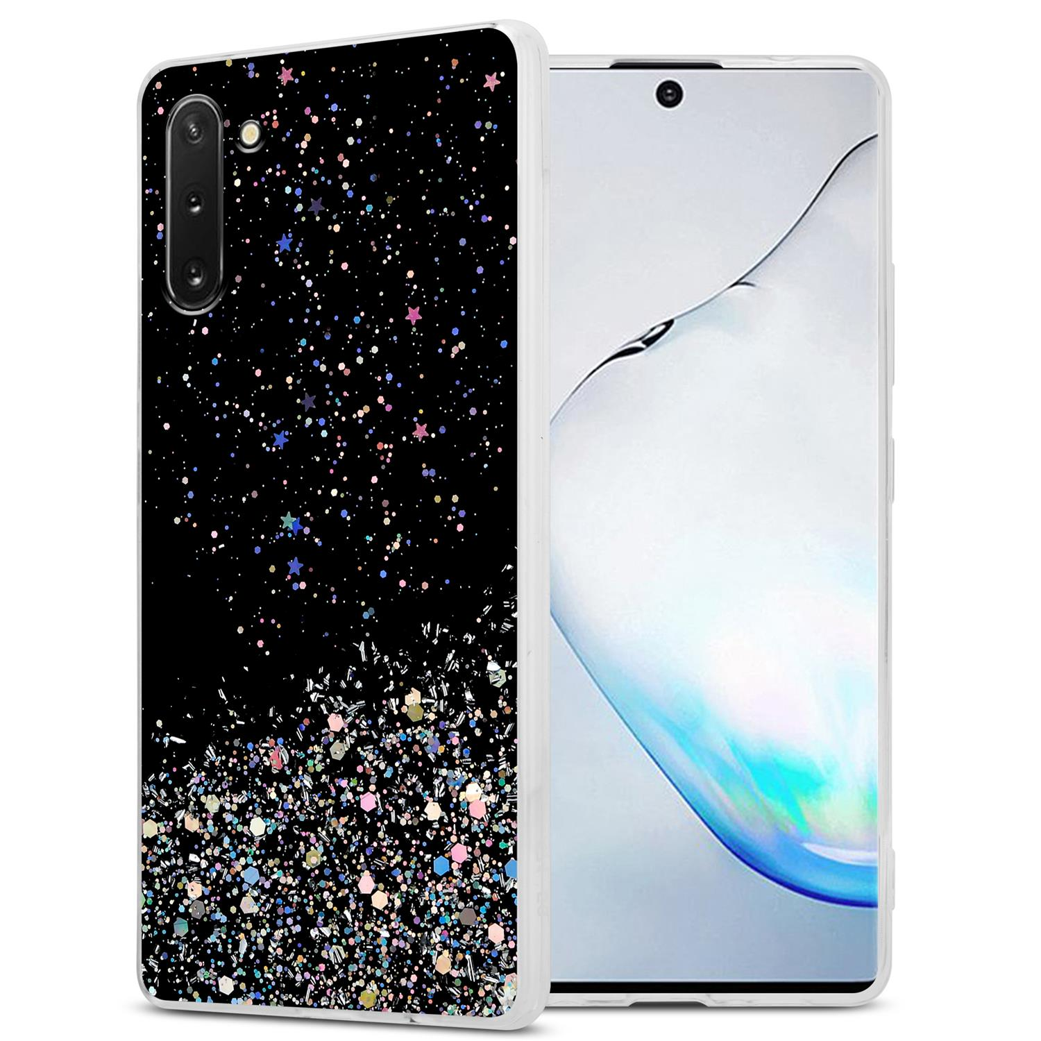 Custodia nera con design glitterato. Il telefono mostra uno schermo bianco.