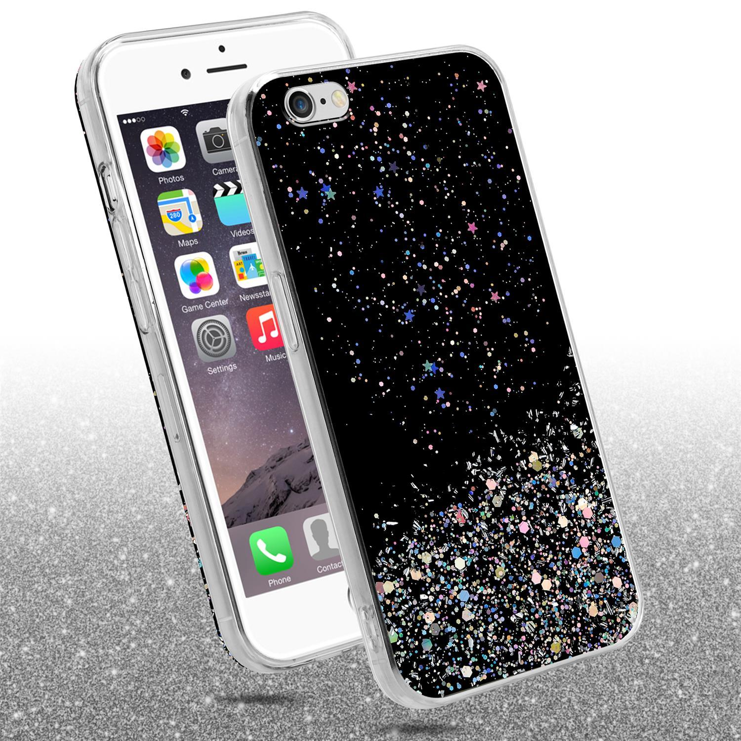 Telefon mit Hülle. Telefon mit Glitzer. Weißer Hintergrund.