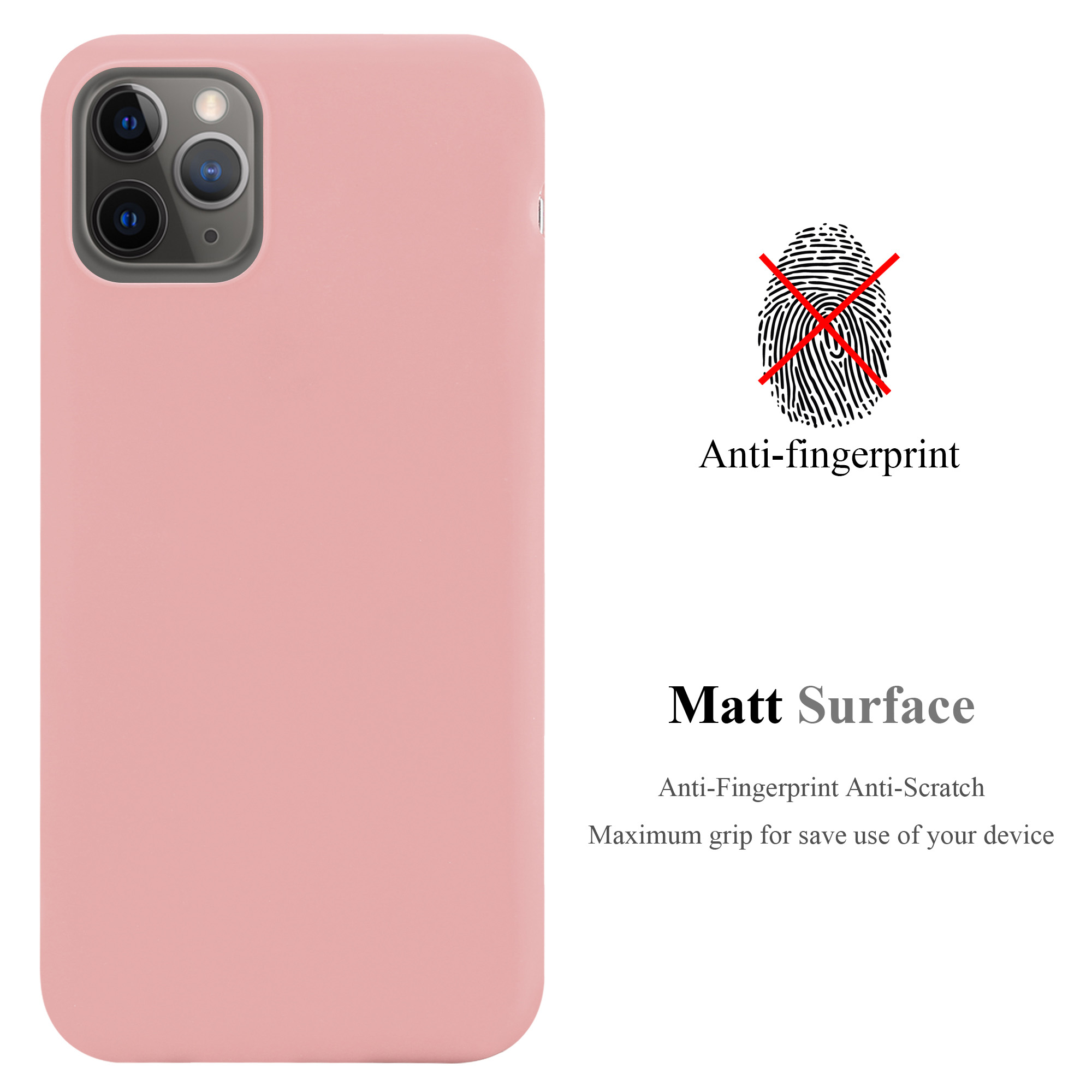 Rosa Handyhülle mit Anti-Fingerabdruck und matter Oberfläche, Text und einem Fingerabdrucksymbol.