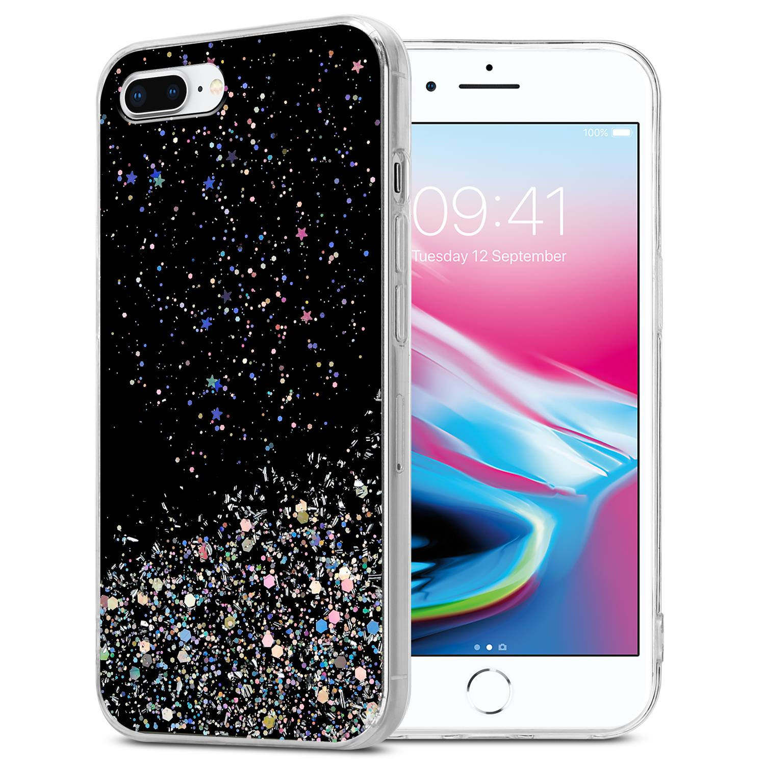 PLUS Schwarz CADORABO 7 8 PLUS Apple, / iPhone mit mit Glitter, Glitter 7S funkelnden / Schutzhülle PLUS, Backcover,