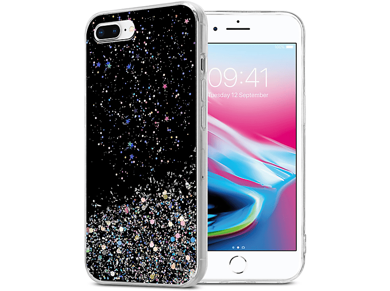 CADORABO Schutzhülle mit funkelnden Glitter, Backcover, Apple, iPhone 7 PLUS / 7S PLUS / 8 PLUS, Schwarz mit Glitter