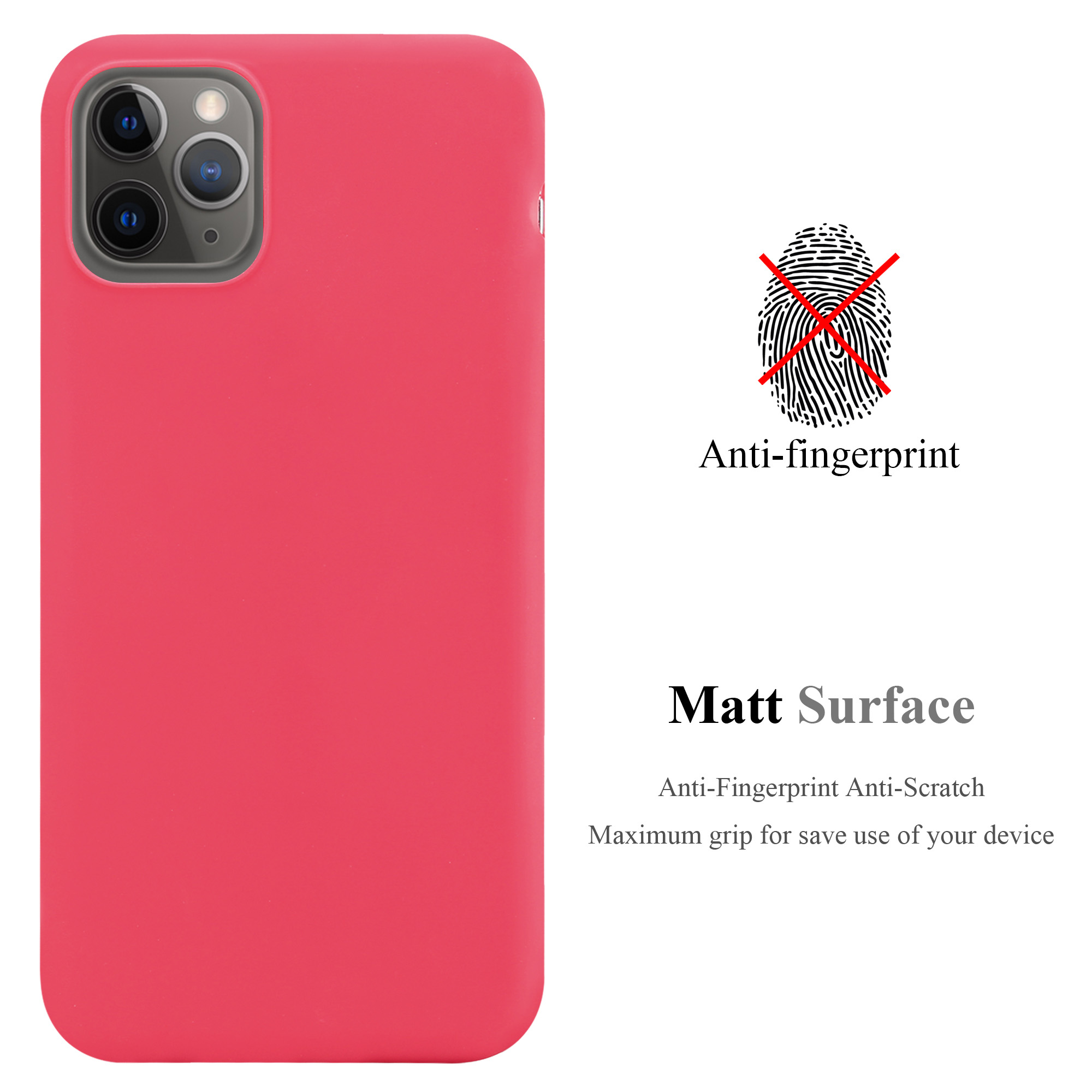 Korallenfarbene Handyhülle mit matter Oberfläche. Text weist auf Anti-Fingerprint und Anti-Kratz hin.