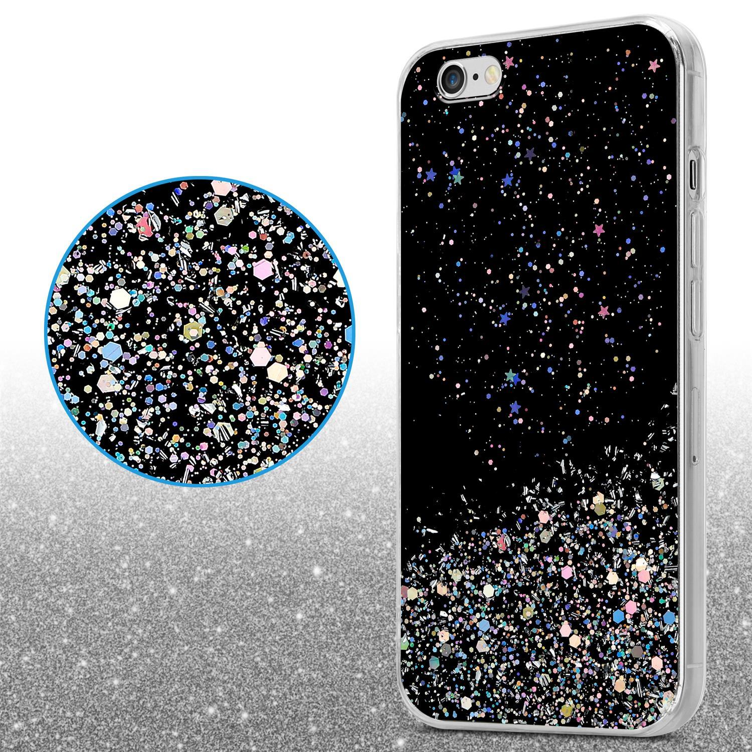 Schwarze Handyhülle mit Glitzer. Ein Kreis zeigt Nahaufnahme des Glitzers. Silberner Untergrund im Hintergrund.