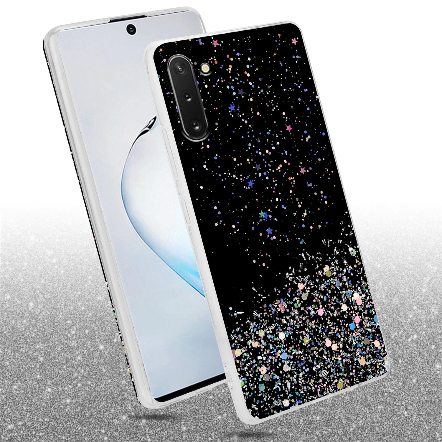Telefono con custodia nera con design glitterato. Un altro telefono è accanto. Sfondo glitterato.