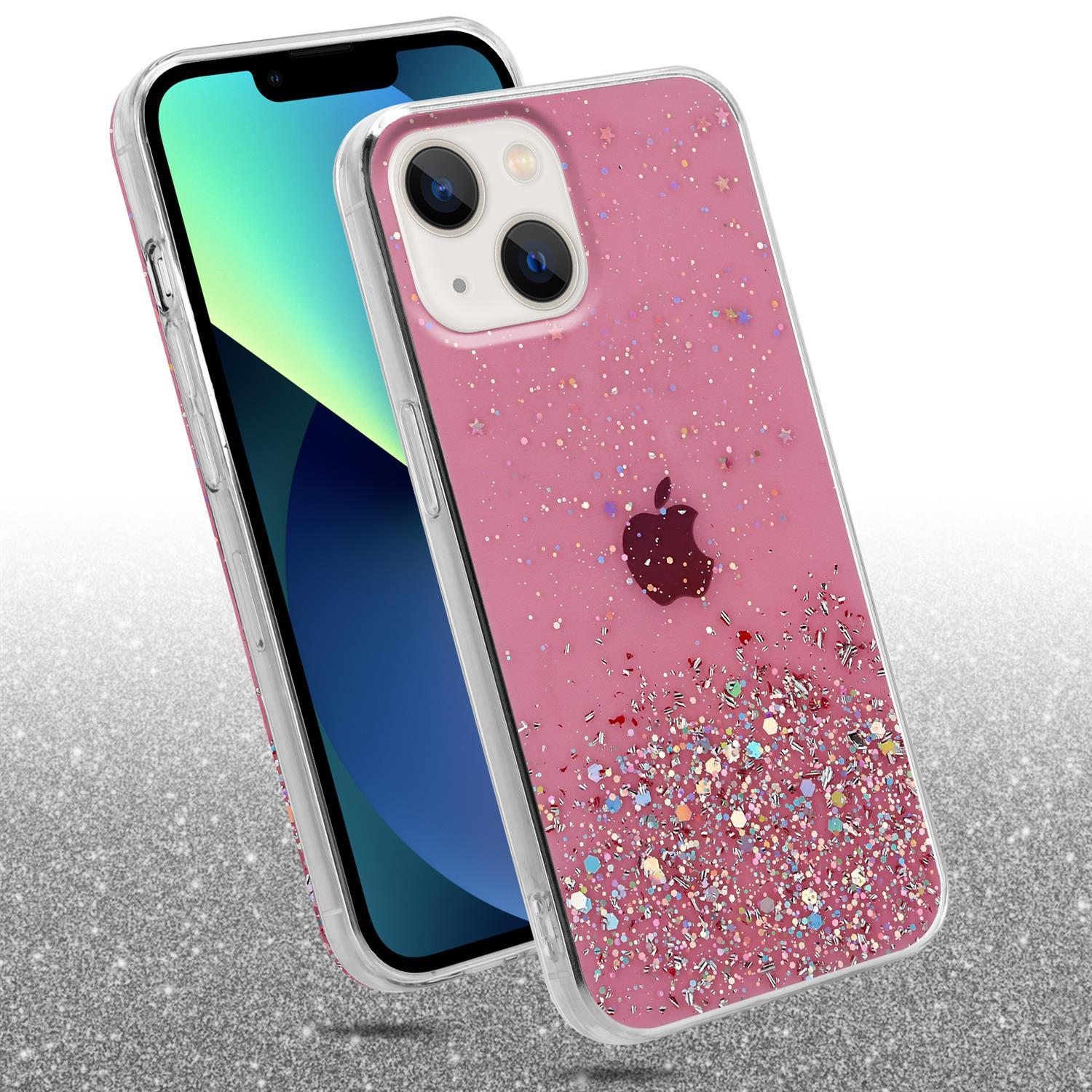 Eine pinke Handyhülle mit Glitzer, Sternen und einem Apfel-Logo. Das Telefon ist in der Hülle.
