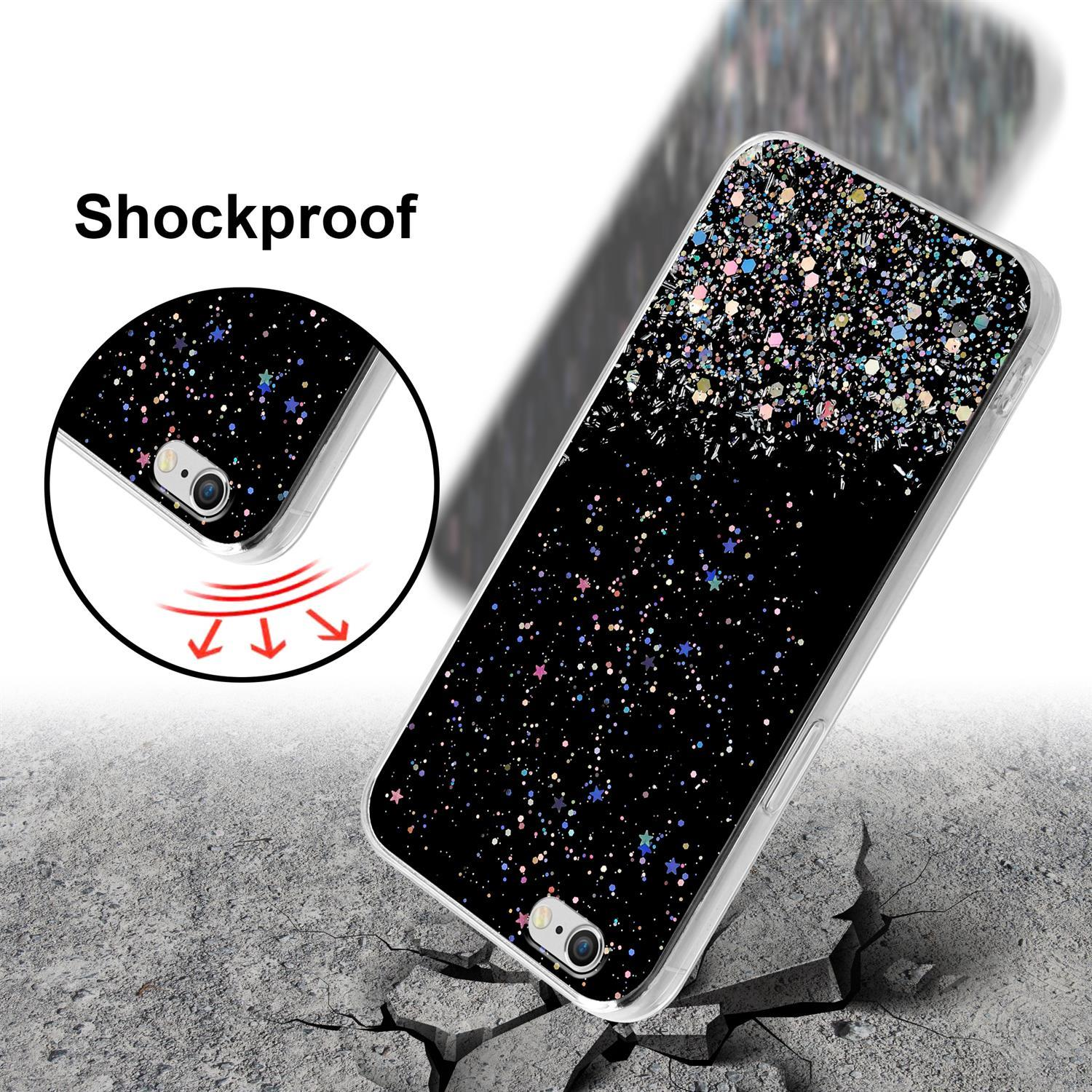 Schwarze Handyhülle mit Glitzer, auf rissiger Oberfläche, mit stoßfester Beschreibung.