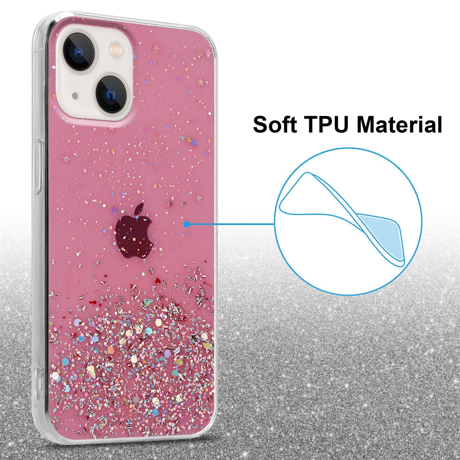 Rosa Glitzer-Handyhülle mit transparentem Rand und Apple-Logo. Der Hintergrund ist eine glitzernde Silberoberfläche.