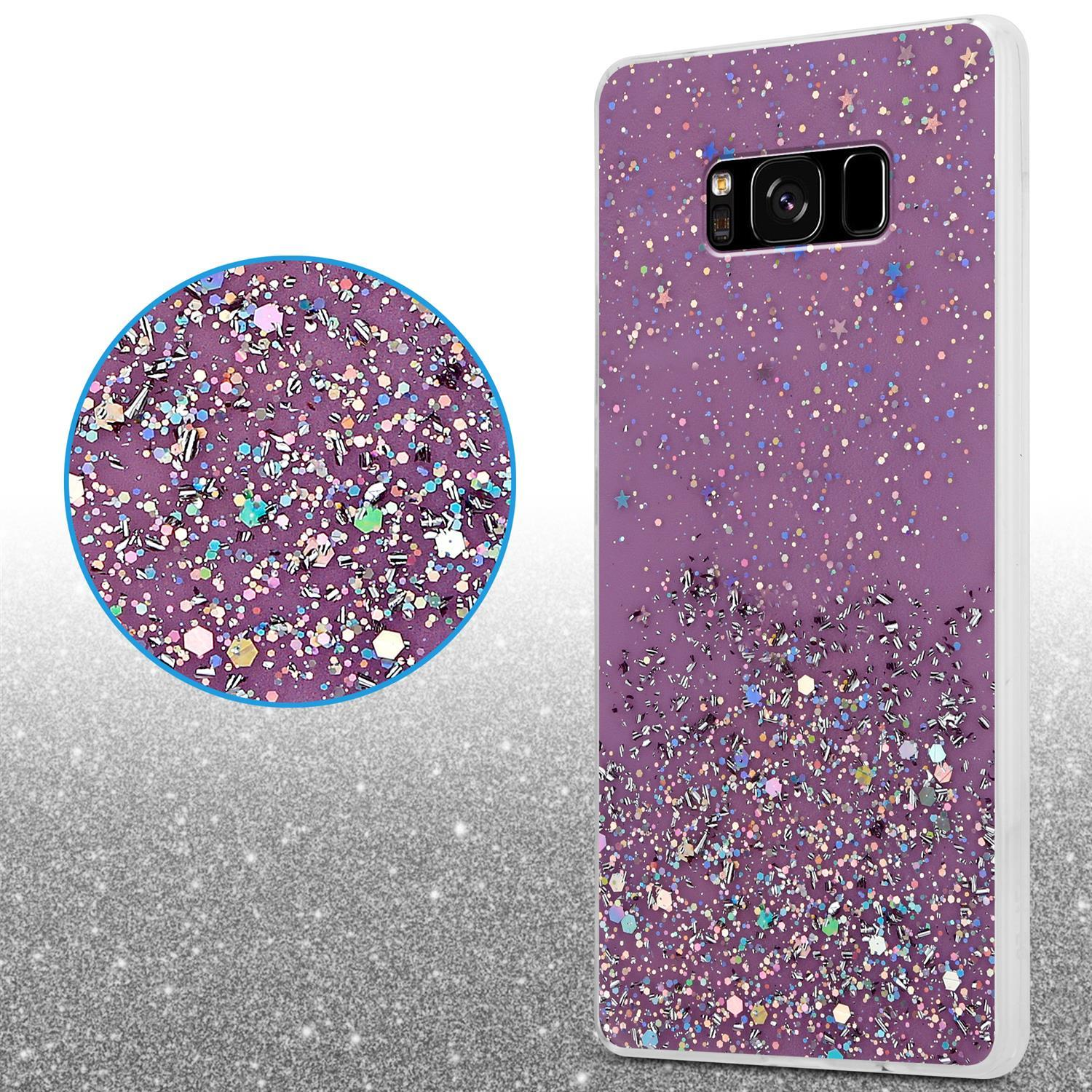 Lila Handyhülle mit Glitzerdetails. Eine Nahaufnahme zeigt ein kreisförmiges Glitzermuster.