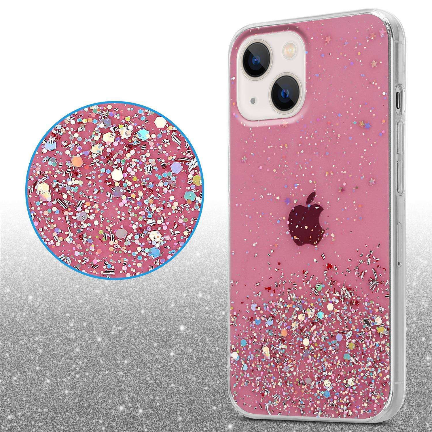 Rosa Handyhülle mit Glitzer und Apple-Logo. Nahaufnahme zeigt Glitzerdetails.