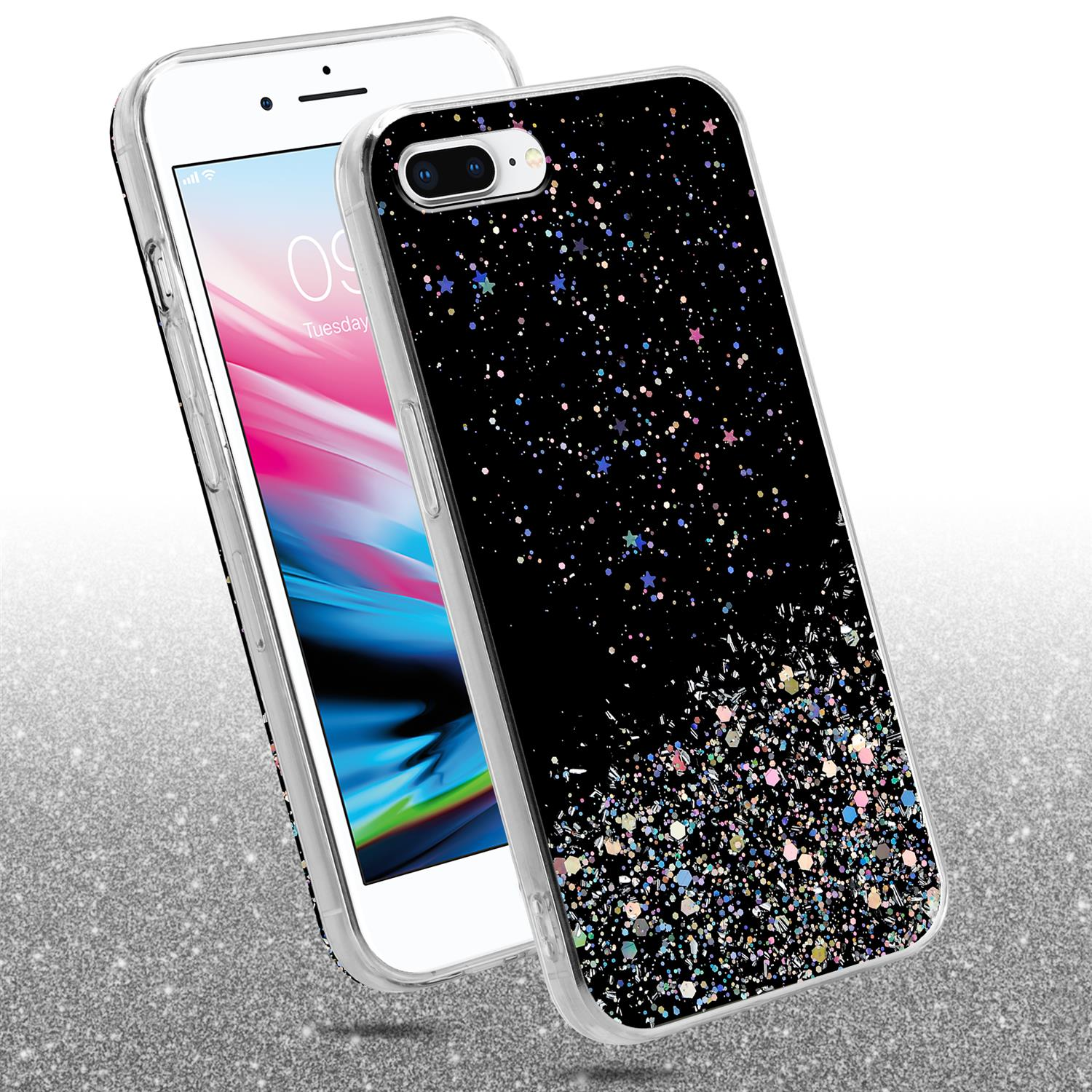 Telefon mit schwarzer Glitzerhülle. Schwarzer Hintergrund, Glitzereffekt. Telefon zeigt das Datum. Klare Hülle.