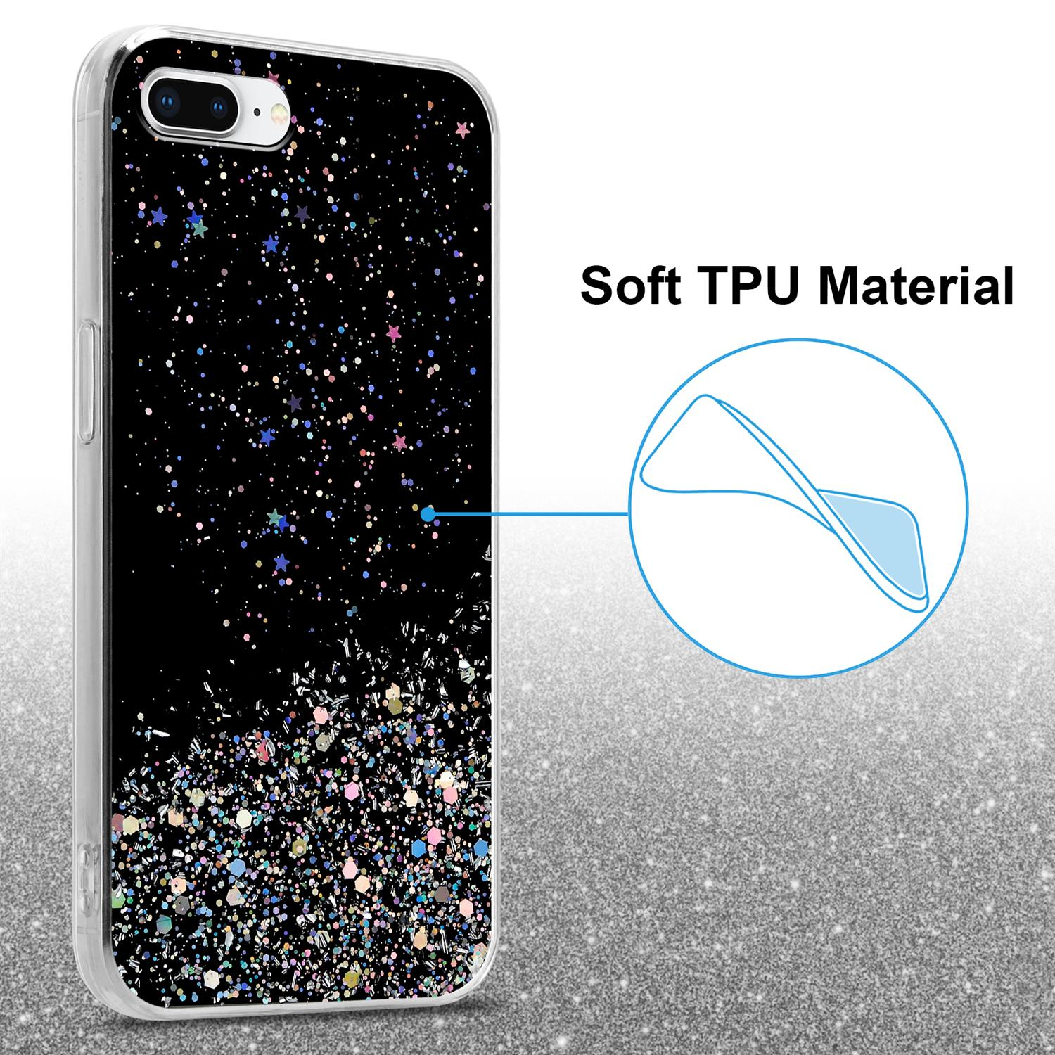 Schwarze Handyhülle mit Glitzerdesign. Text zeigt 'Soft TPU Material'. Die Hülle ist auf Glitzerhintergrund.