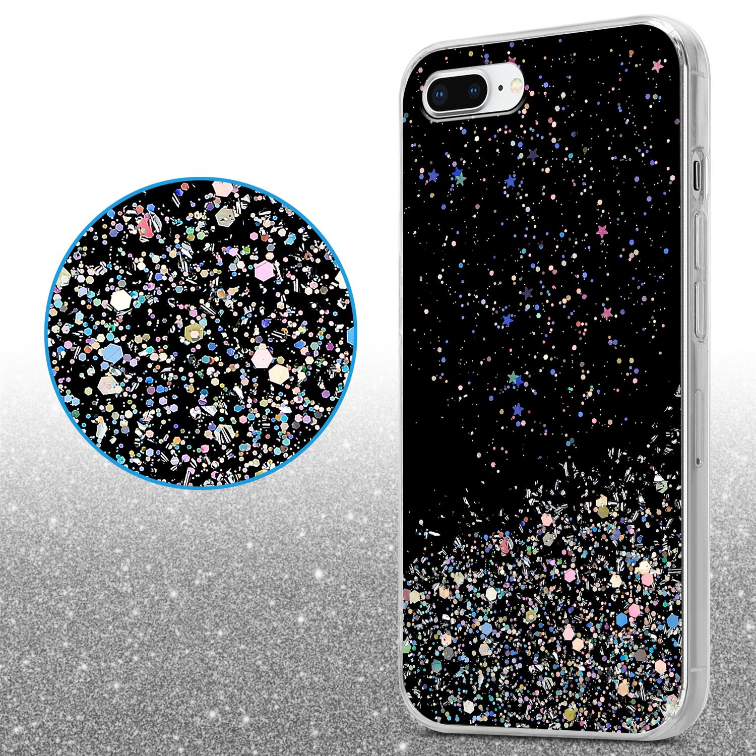 Schwarze Handyhülle mit Glitzerdesign. Zeigt eine detaillierte Nahaufnahme mit verschiedenen Farben, Funkeln.